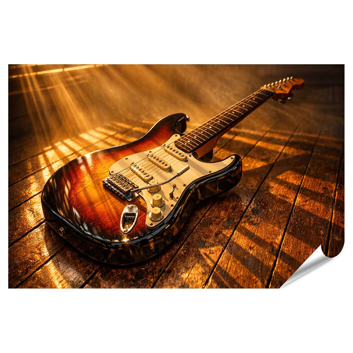 islandburner Poster Elektrische Gitarre auf Holzuntergrund mit dramatischer Beleuchtung