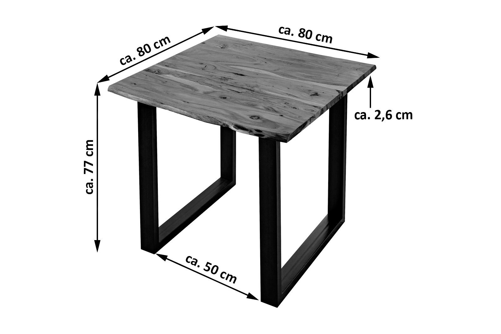 Massivholz, Akazie Baumkantentisch 26mm, Tischplatte Schwarz | Junado® natürliche Nussbaumfarben Baumkante Lubin, Stärke