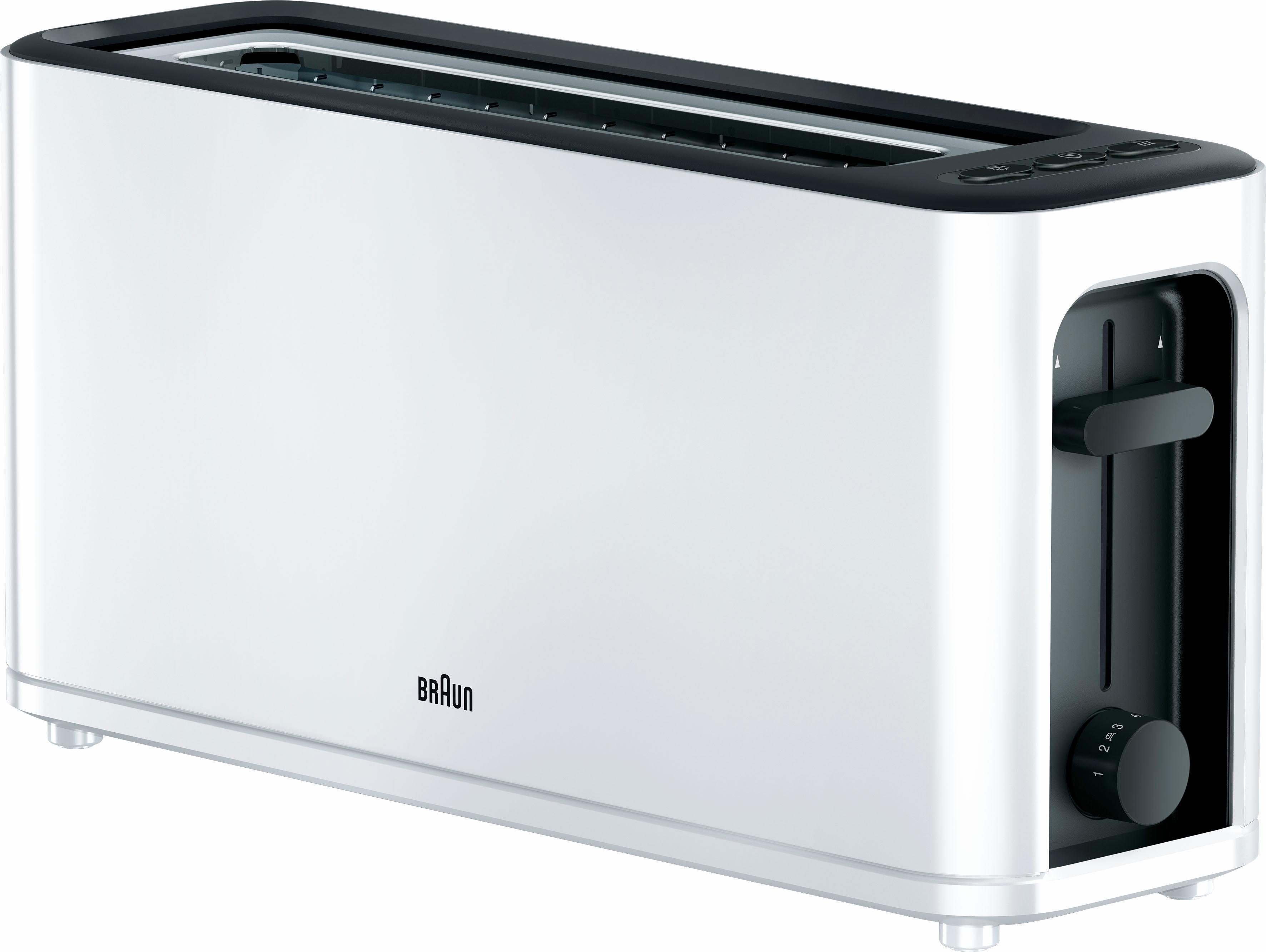 Braun Toaster PurEase HT 3110 WH - 2 Langschlitze, 7 Stufen, Auftau- Aufwärmfunktion, 1 langer Schlitz, für 2 Scheiben, 1000 W, 1.000 W, Kunststoff, Automatische Abschaltung, Brötchenaufsatz