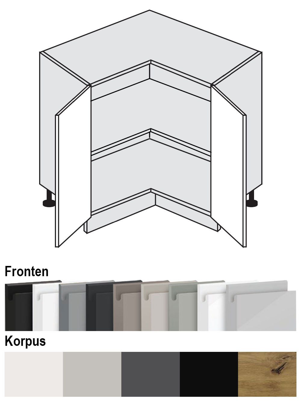Feldmann-Wohnen Unterschrank Avellino (D12/90, 2-türiger Eckunterschrank mit 1 Einlegeboden, 1-St., moderne Optik, Acrylfronten, Griffmulden) 90x90x82cm grifflos weiß - weiß Acryl Hochglanz (AV-D12/90/polka)