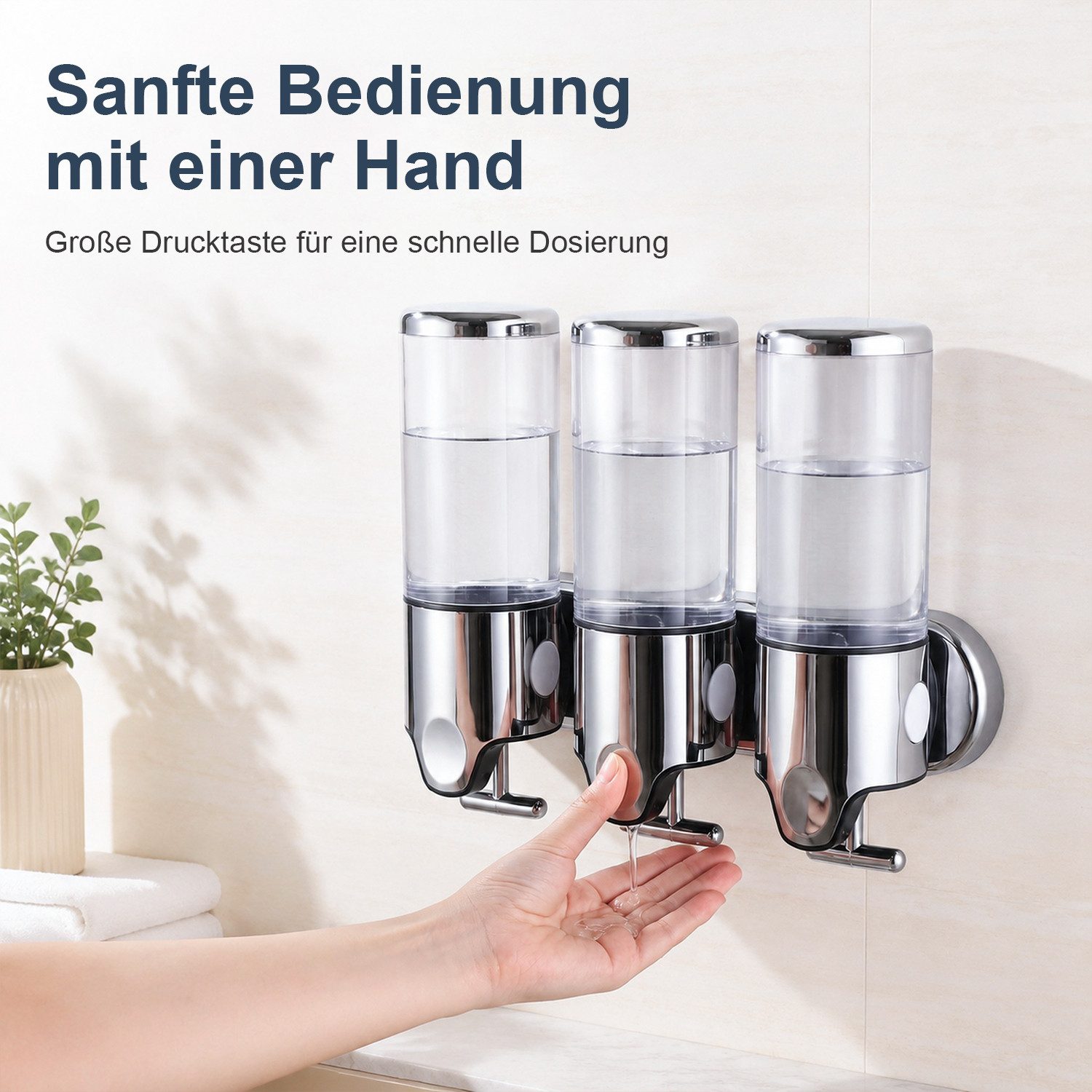 HEYHIPPO Seifenspender Wandseifenspender mit manuellem Druck – 3×500 ml, ABS & Edelstahl, (Lotion-Spender mit transparentem Sichtfenster 31,5×25,5×10,5 cm), 3-K – Bild 4 von 5