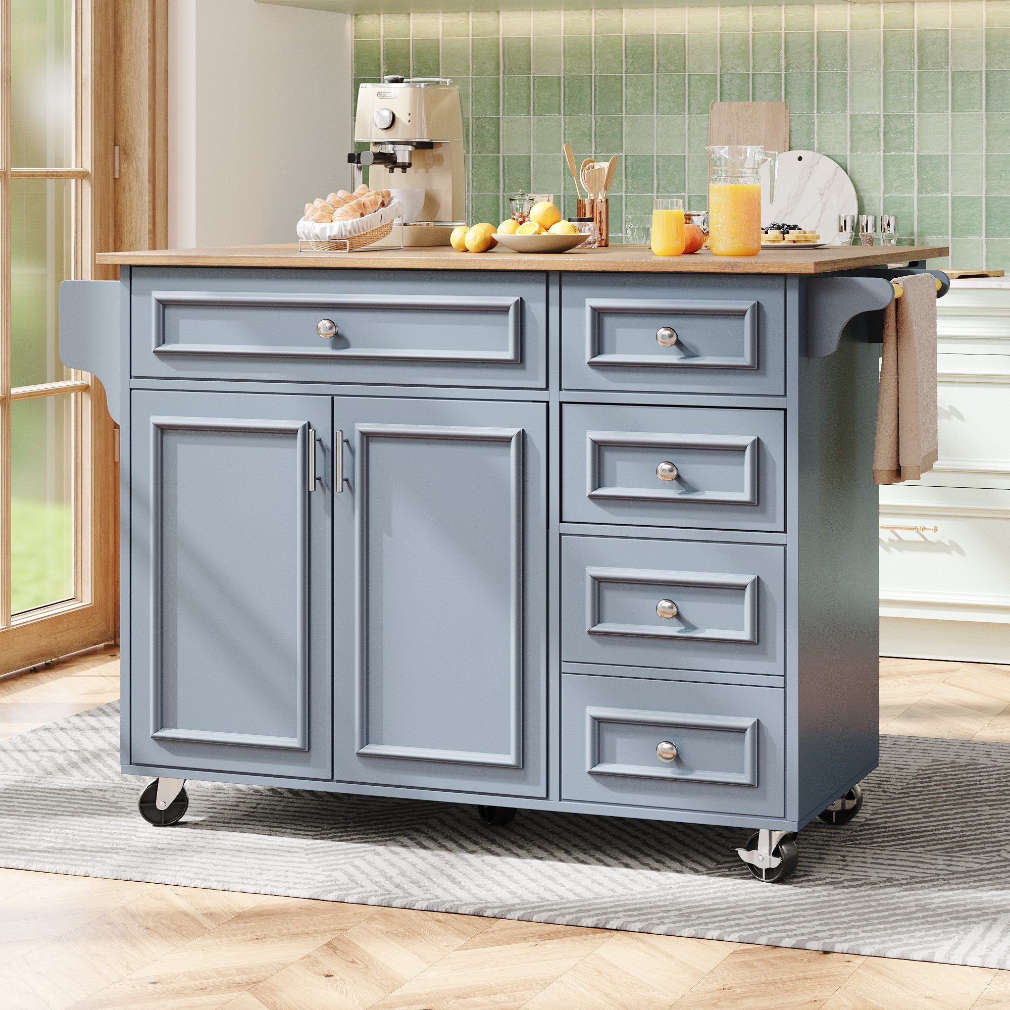 HAUSS SPOLE Küchenwagen Abnehmbare Servierwagen mit Vintage-Muster, mit Speicherraum,Blau, (Multifunktionale Kücheninsel mit Klappfunktion – Vintage-Muster, Stauraum, verstellbare Trennwände,3-stufige Anpassung)