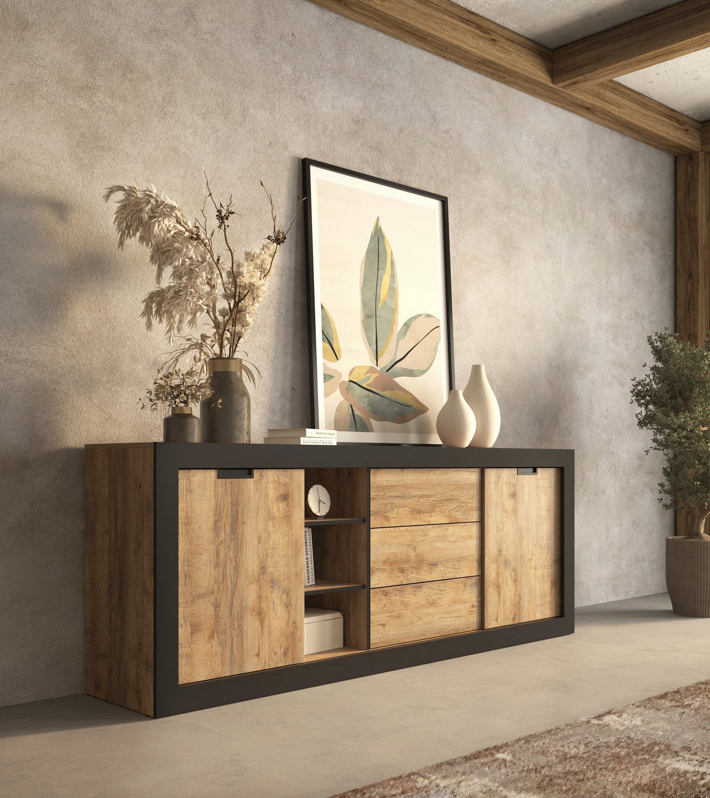 Masseno Kommode DAVOR 220 cm Sideboard mit 3 Schubladen und 2 Türen Eichefarben