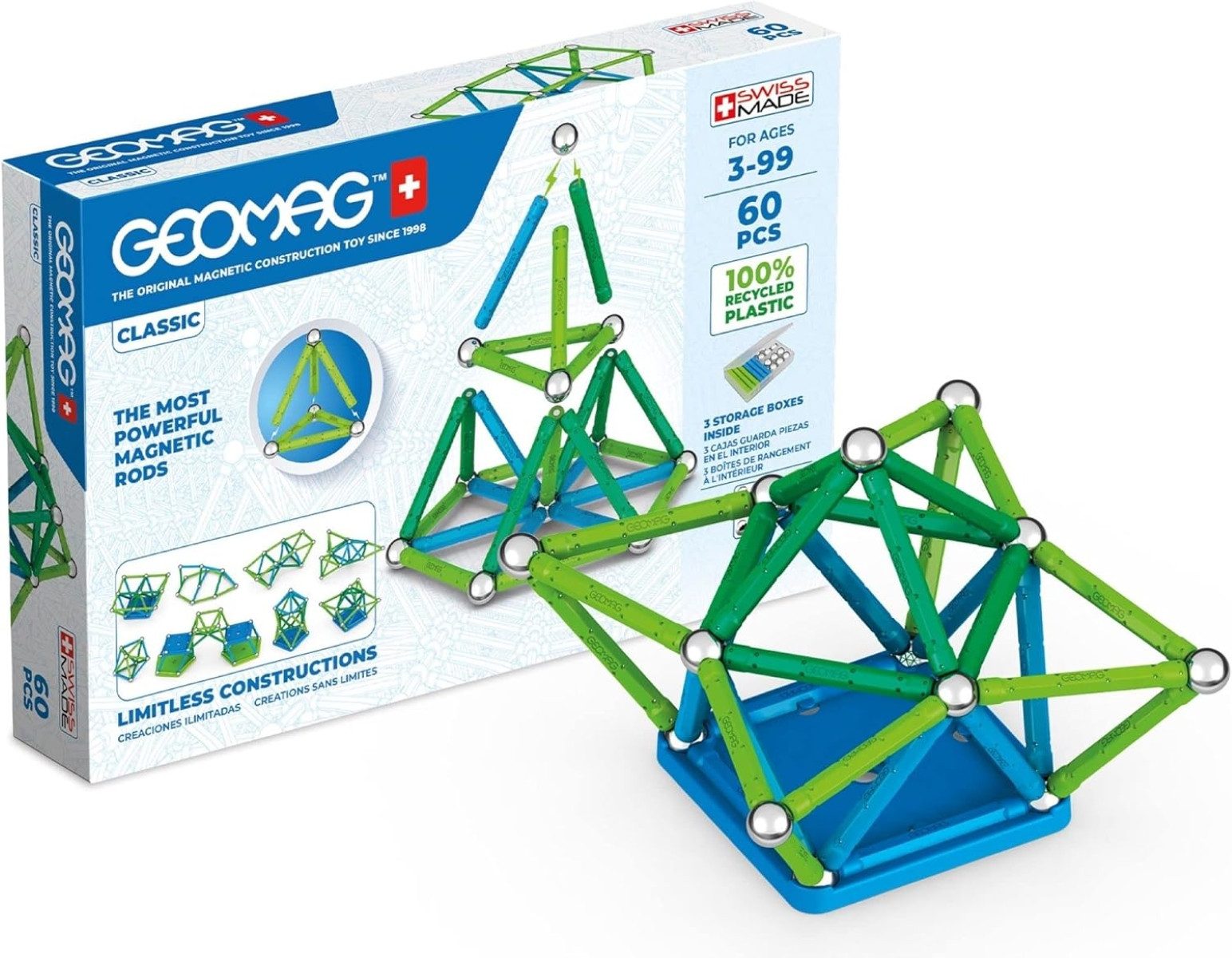 Geomag™ Lernspielzeug 60 tlg. magnetisches Konstruktionsspielzeug. Schwerkraft + Magnetismus (60-St), Kombinierbar mit anderen Sets der Reihe Classic und Panels