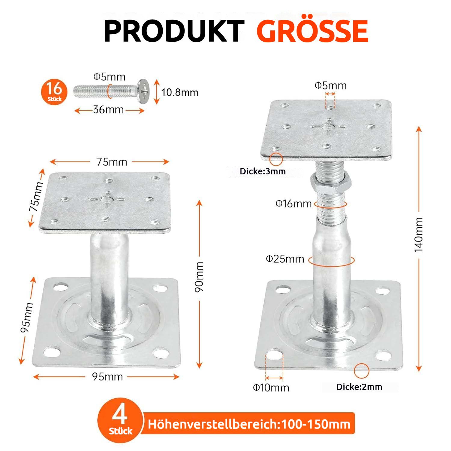 PRIISF Pfostenträger 4er Pfostenträger höhenverstellbar 100 - 190mm Pfostenschuh Stützenfuß, für Pfostenstütze 75x75mm 95x95mm, Gewinde Verzinkt Stützenfuß Pfostenträger Zum Aufschrauben Betonfuß, (Regulierbar Stützpfosten Höhenverstellbar, Pfostenanker höhenverstelbar zum Aufschrauben), verstellbar stützen Bodenfuß Stützenfuss Zum Einbetonieren