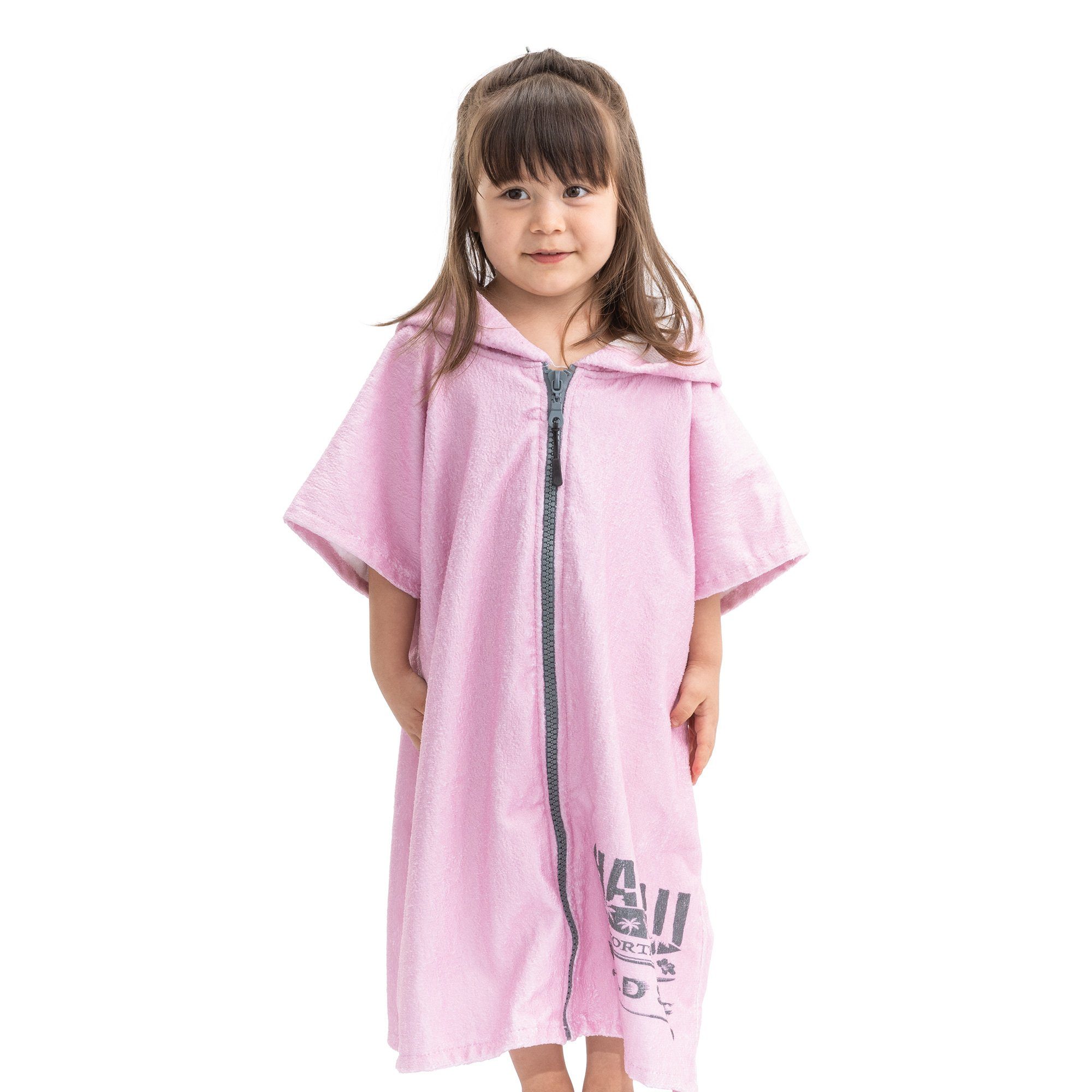 HOMELEVEL Bademantel Frottee Badeponcho mit Reißverschluss - Handtuch Poncho für Mädchen, Baumwolle Altrosa