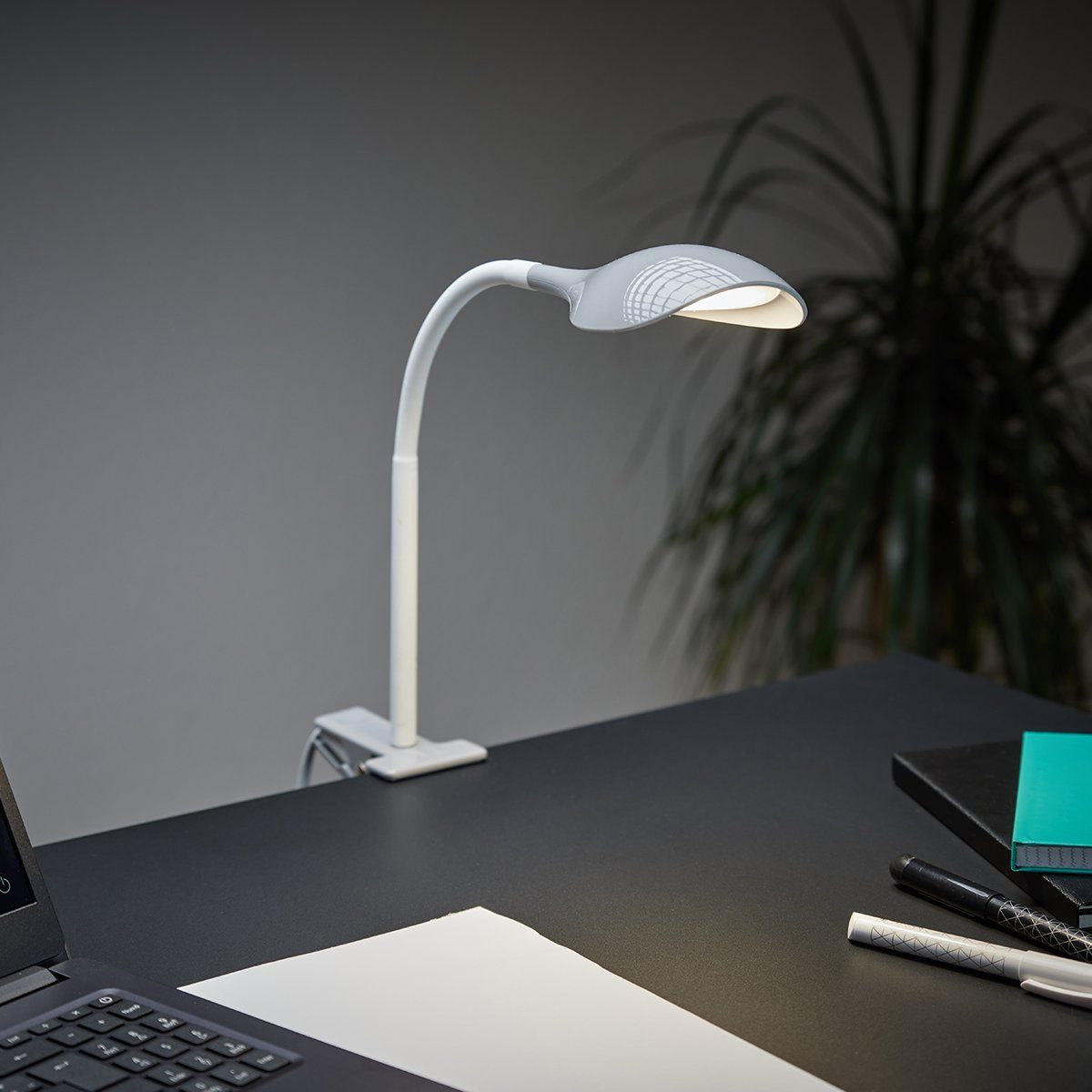 MeLiTec Tischleuchte LED mit Klemmfuß T161, LED fest integriert, warmweiß, modernes Design, energiesparend, Flexarm, Schnurzwischenschalter