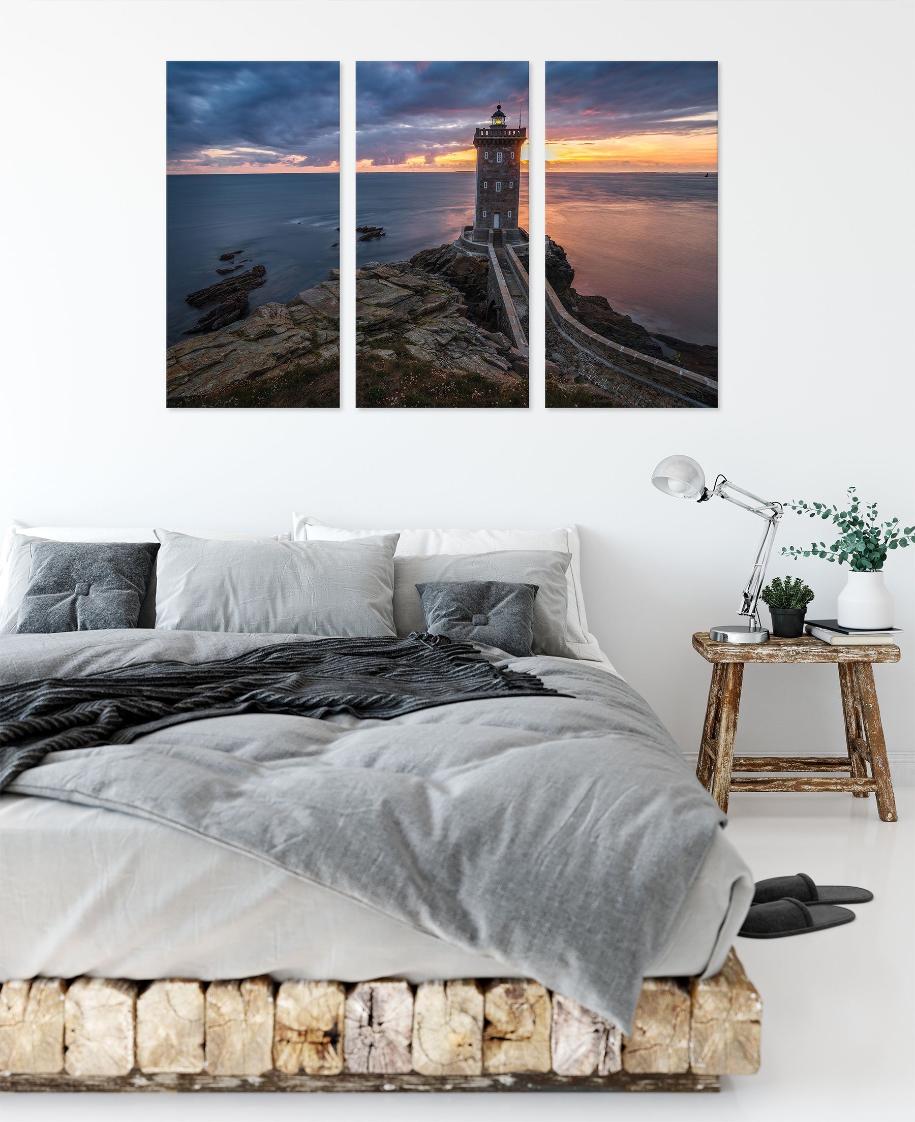 Leuchtturm Zackenaufhänger bespannt, Sonnenuntergang, Pixxprint Leinwandbild Leinwandbild inkl. fertig Leuchtturm im 3Teiler Sonnenuntergang (1 St), (120x80cm) im
