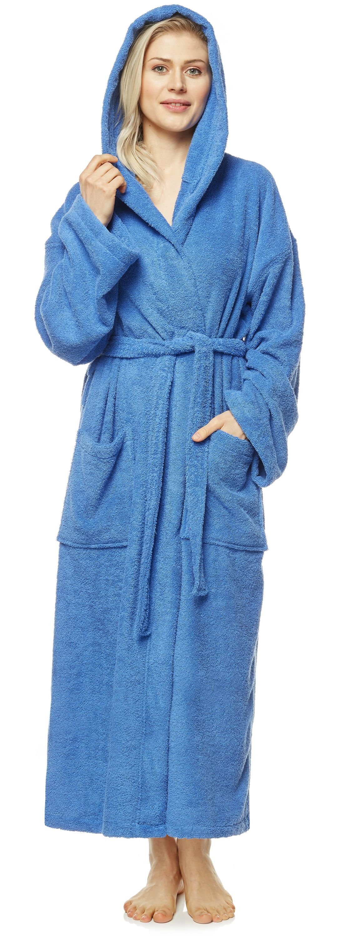 Arus Damenbademantel Astra, 100% Baumwolle, mit Kapuze, wadenlang oder extra lang, 100% Baumwolle Königsblau