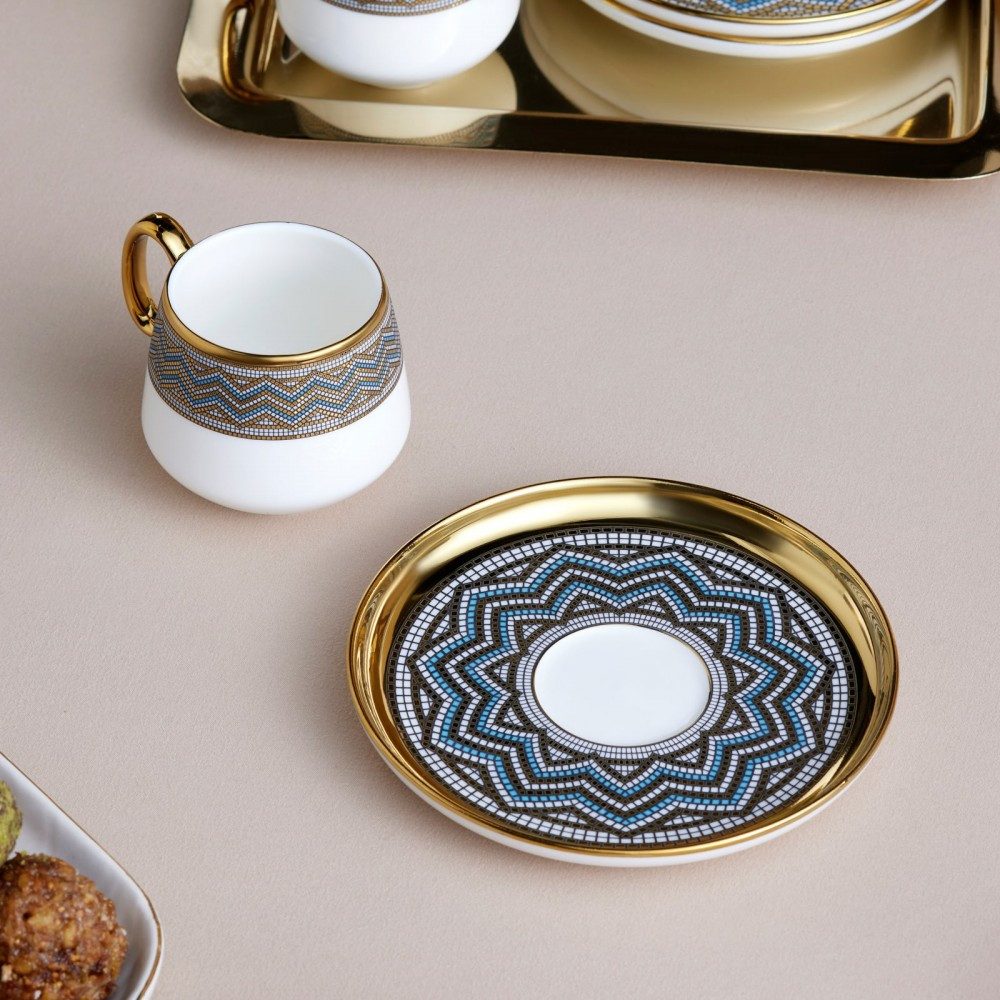 Karaca Kaffeeservice Karaca Suadiye 90 ml Kaffeetasse mit Untertasse Set 6 Personen, Blau