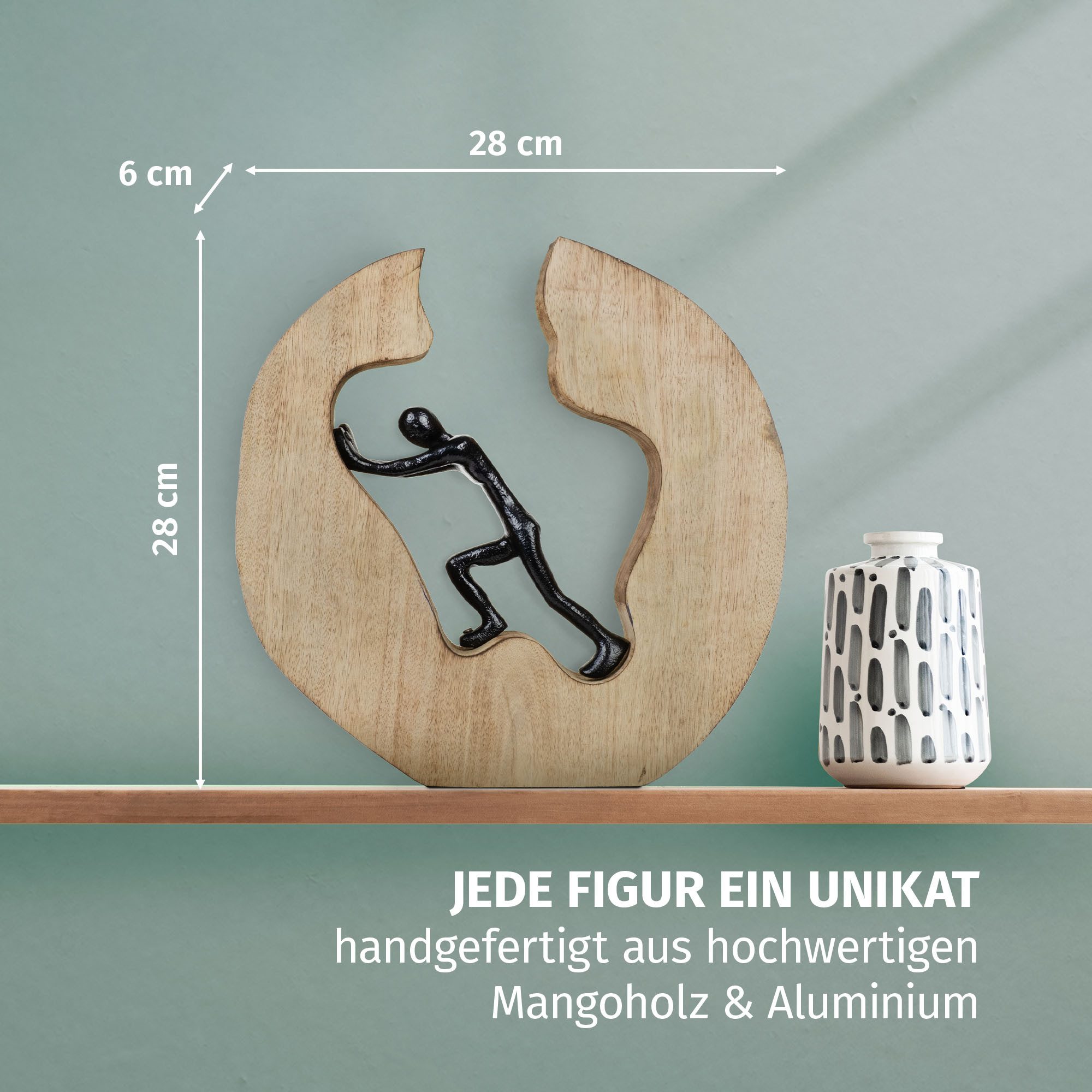 Moritz Skulptur Dekofigur Push & Work Schwarz 28 cm aus Mangoholz und Aluminium Modern