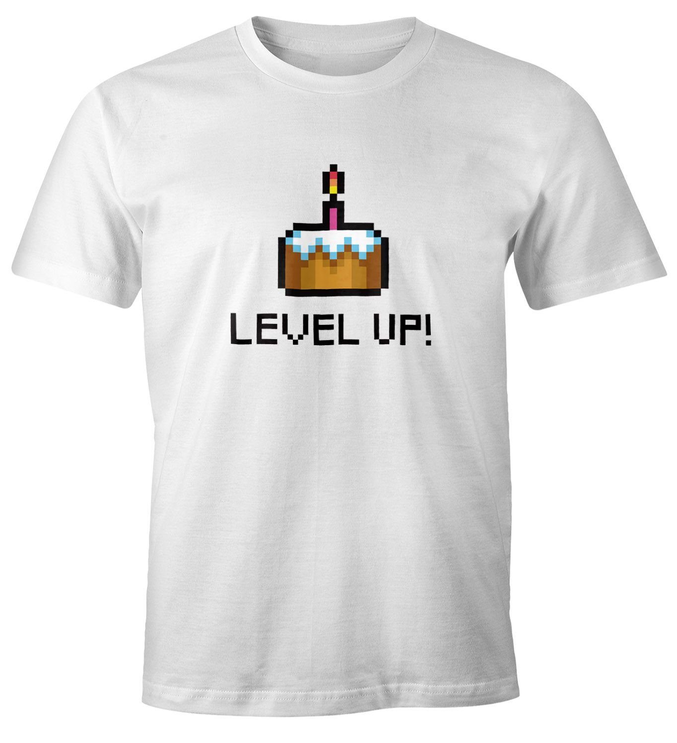 MoonWorks Print-Shirt Herren T-Shirt Geburtstag Level Up Pixel-Torte Retro Gamer Pixelgrafik Geschenk Arcade Fun-Shirt Moonworks® mit Print weiß