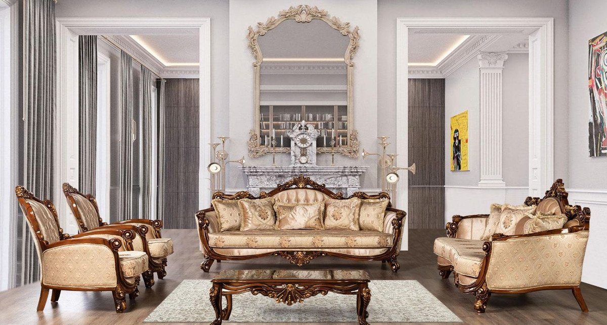 Prunkvoller Wohnzimmer Casa Barock elegantem Muster / Handgefertigte mit - Gold Luxus Braun Wohnzimmer Möbel Padrino Sessel Sessel / - Sessel Barock Beige