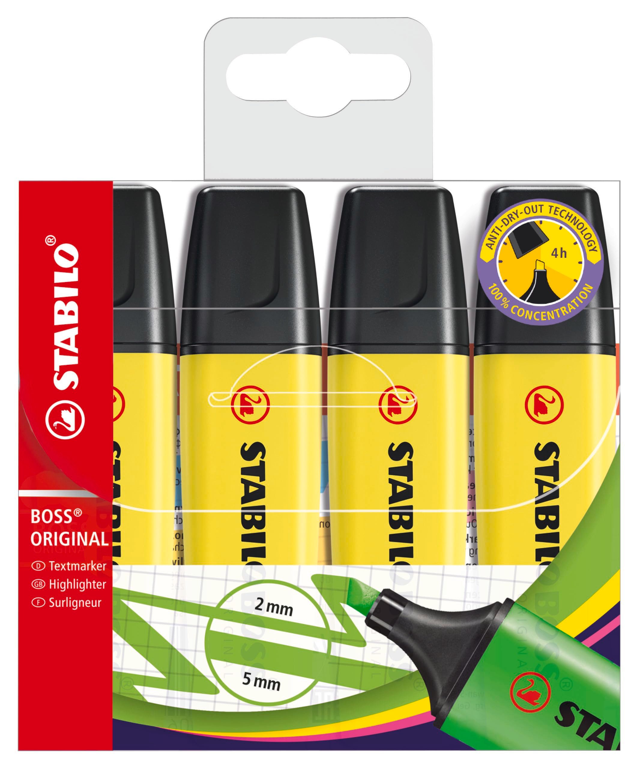 Filzstift Textmarker 4er Pack gelb mit hoher Leuchtkraft