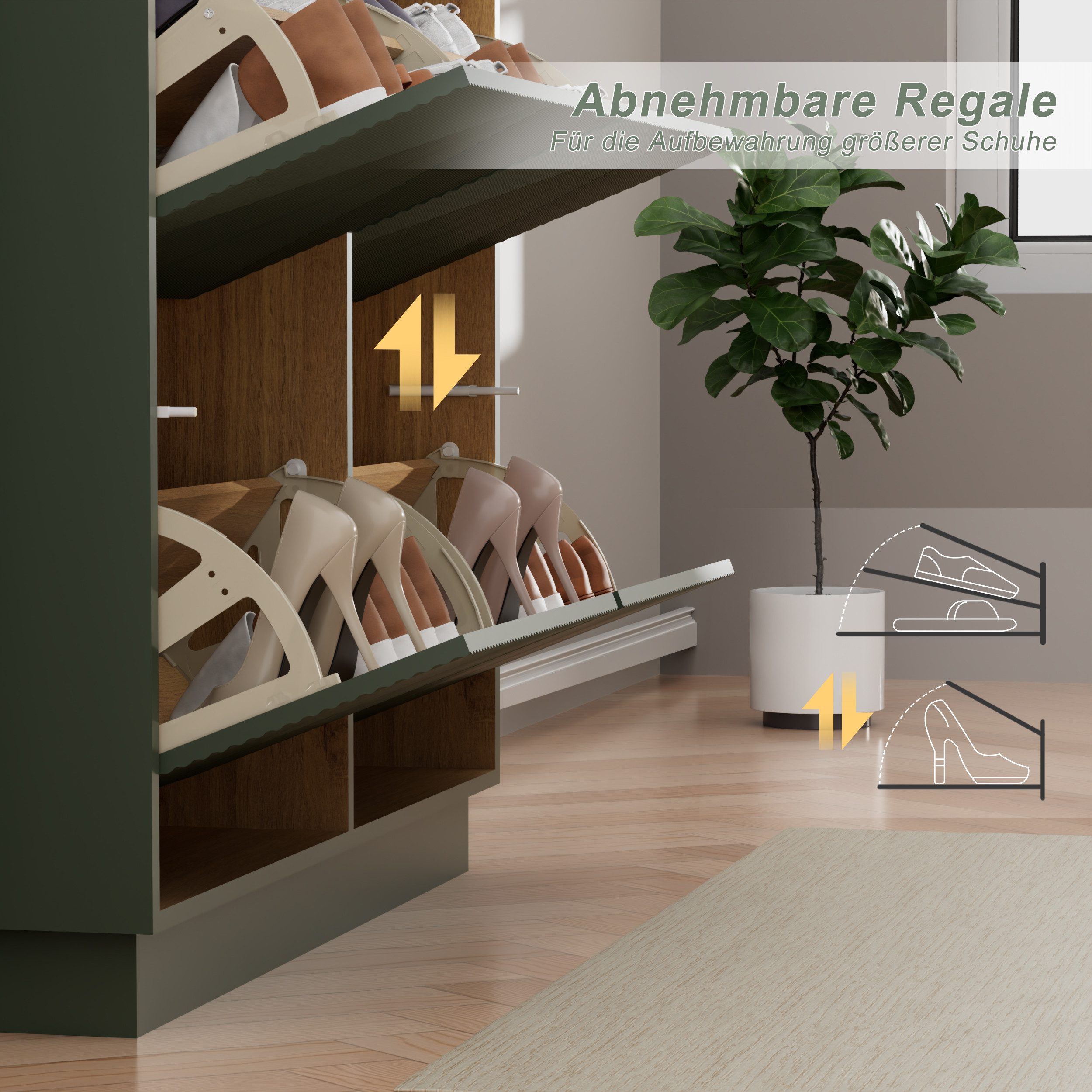 UEV Schuhschrank schmaler Schuhschrank mit 4 Klappen, Schukipper Schuhregal 100x24x91cm Schuhkommode mit Kippschutz & Drucktür & Verstellbarer Trennwände – Bild 4 von 5
