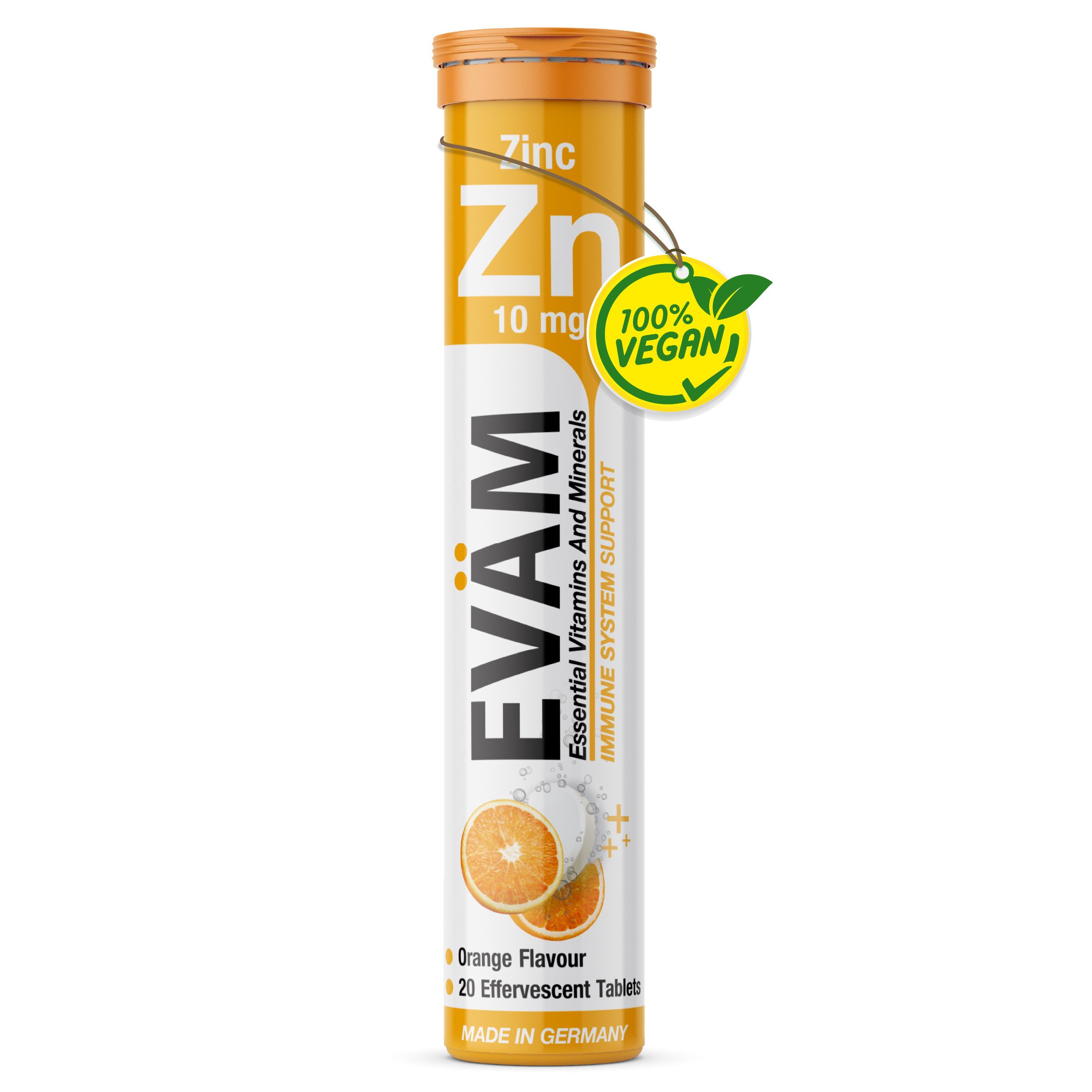 EVÄM Zink 10 mg für Immunsystem, Haut, Haare & Nägel, Vegan Brausetabletten, 1 er Set à 20 St., 82 g, Qualität aus deutscher Herstellung. 100 % des NRV pro Portion.