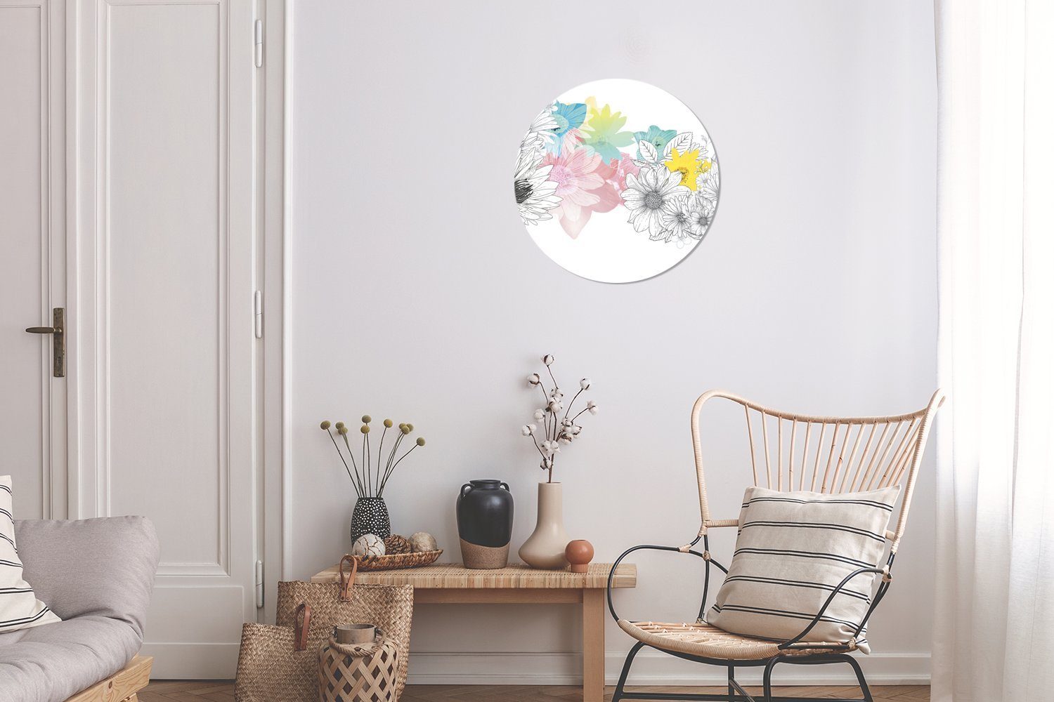 St), Farbe MuchoWow (1 Illustration Tapetenkreis eines mit für Wandsticker Kinderzimmer, Blumenmusters Rund, Wohnzimmer Tapetenaufkleber,