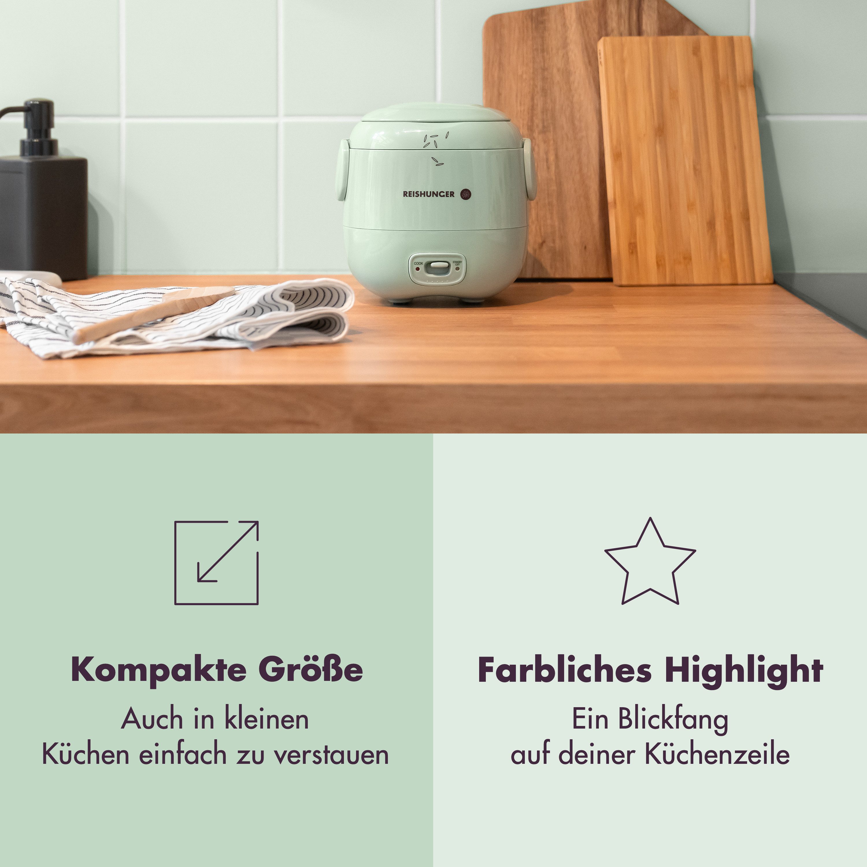 Reishunger Reiskocher Mini Reiskocher, salbeigrün, 0,3 L - 1-2 Portionen, 120 W, Handliche Größe für kleine Haushalte und unterwegs