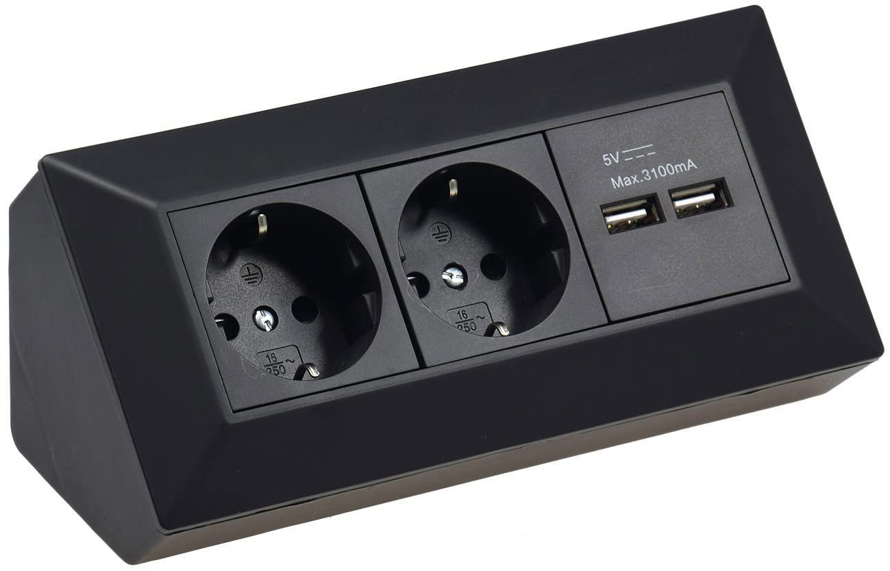 ChiliTec 2-fach Steckdosenblock + 2x USB, schwarz Mehrfachsteckdose