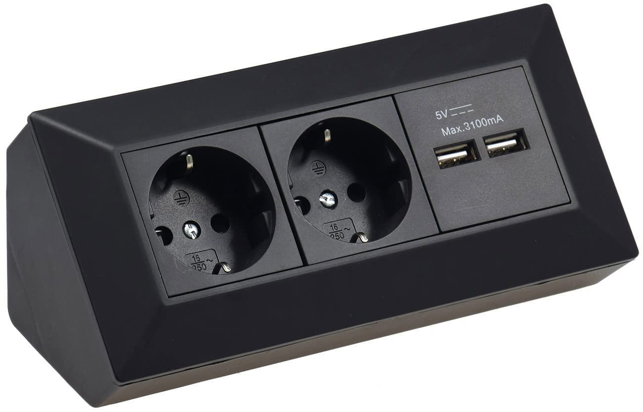 2-fach Steckdosenblock + 2x USB, schwarz Mehrfachsteckdose