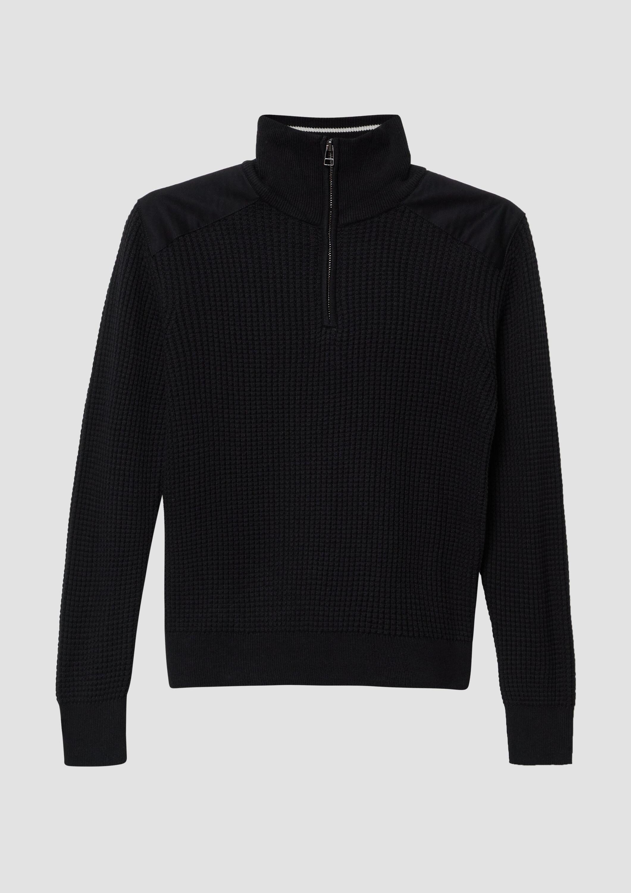 s.Oliver Longpullover Strickpullover Strickpullover mit Troyer-Kragen und Schulterpaneelen aus Webstoff