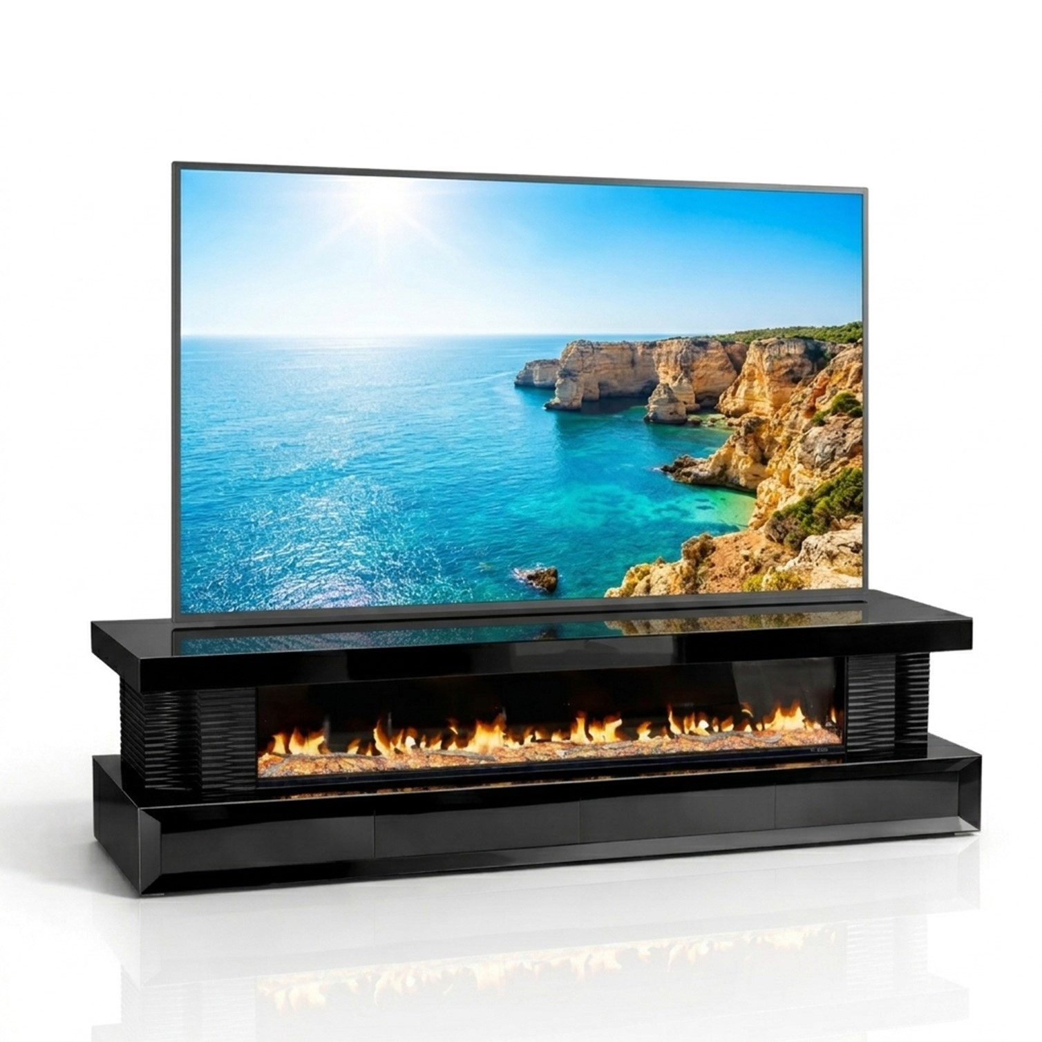 HOOZ TV-Schrank TV Lowboard mit Kamin – modernes Design Schwarz eckig 200 cm (Einzelprodukt, 1-St., TV Möbel Einzelmöbel) 3D-Flammenoptik, Push-Open Schubladen, hochglänzende Glasoberfläche