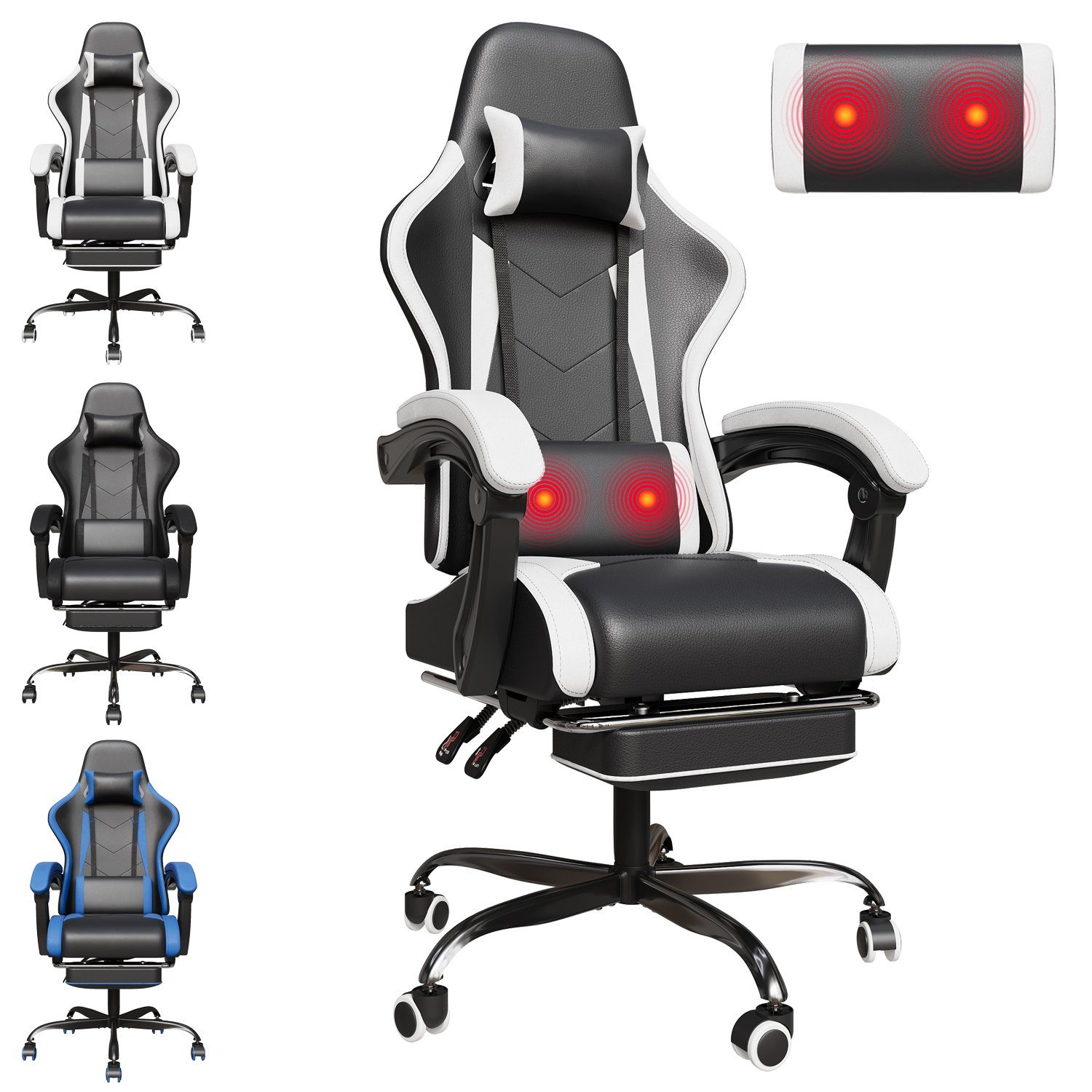 HOMALL Gaming-Stuhl Massage Gaming Stuhl mit Fußstütze 90-135° Rückenlehne einstellbar