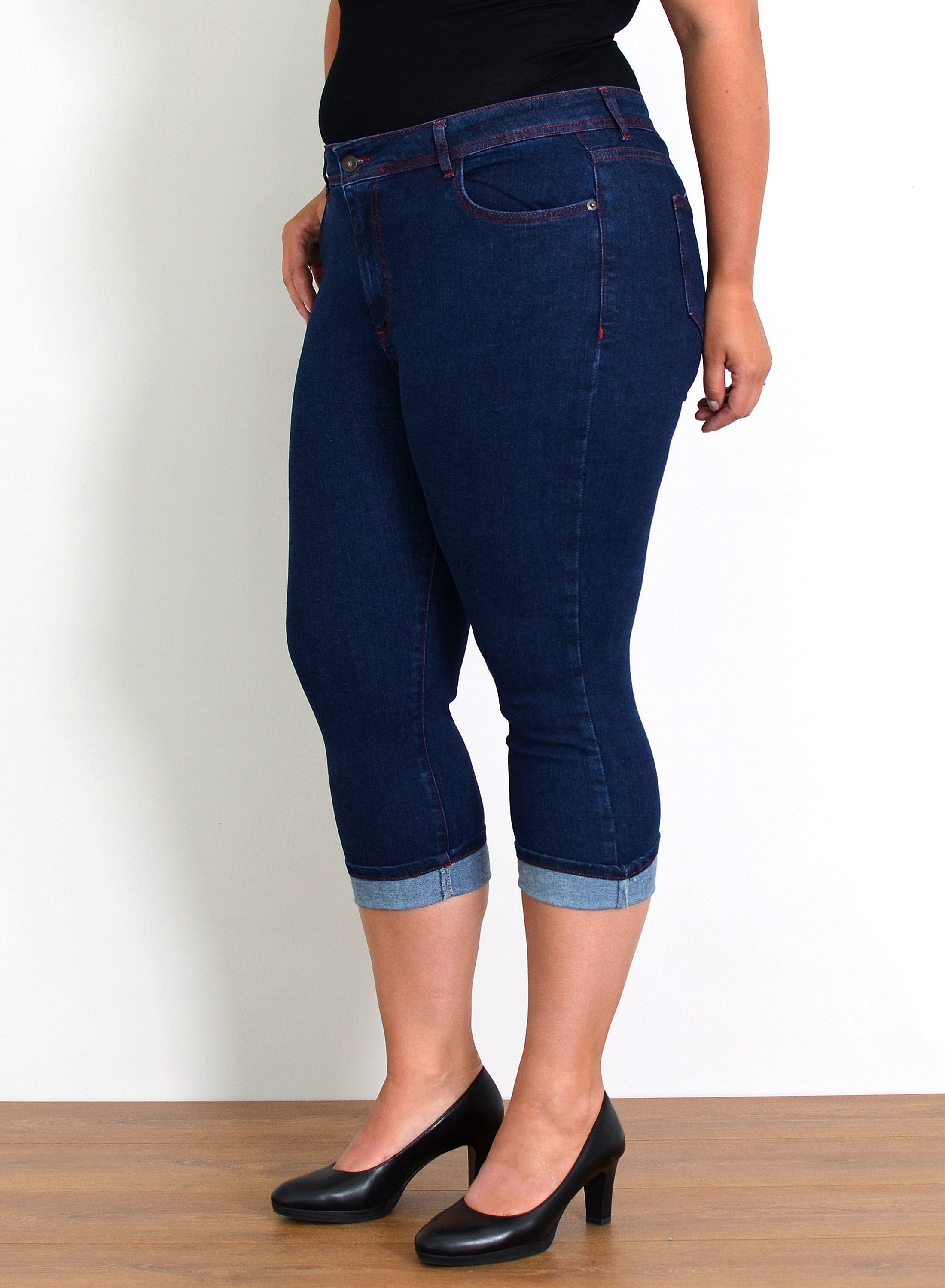 ESRA Caprijeans Capri Jeans Damen High Waist Hose 3 4 Jeans Damen Sommer bis Übergröße Sommer Damen Jeans Capri Hose Damen 3/4 Hose hoher Bund Große Größe