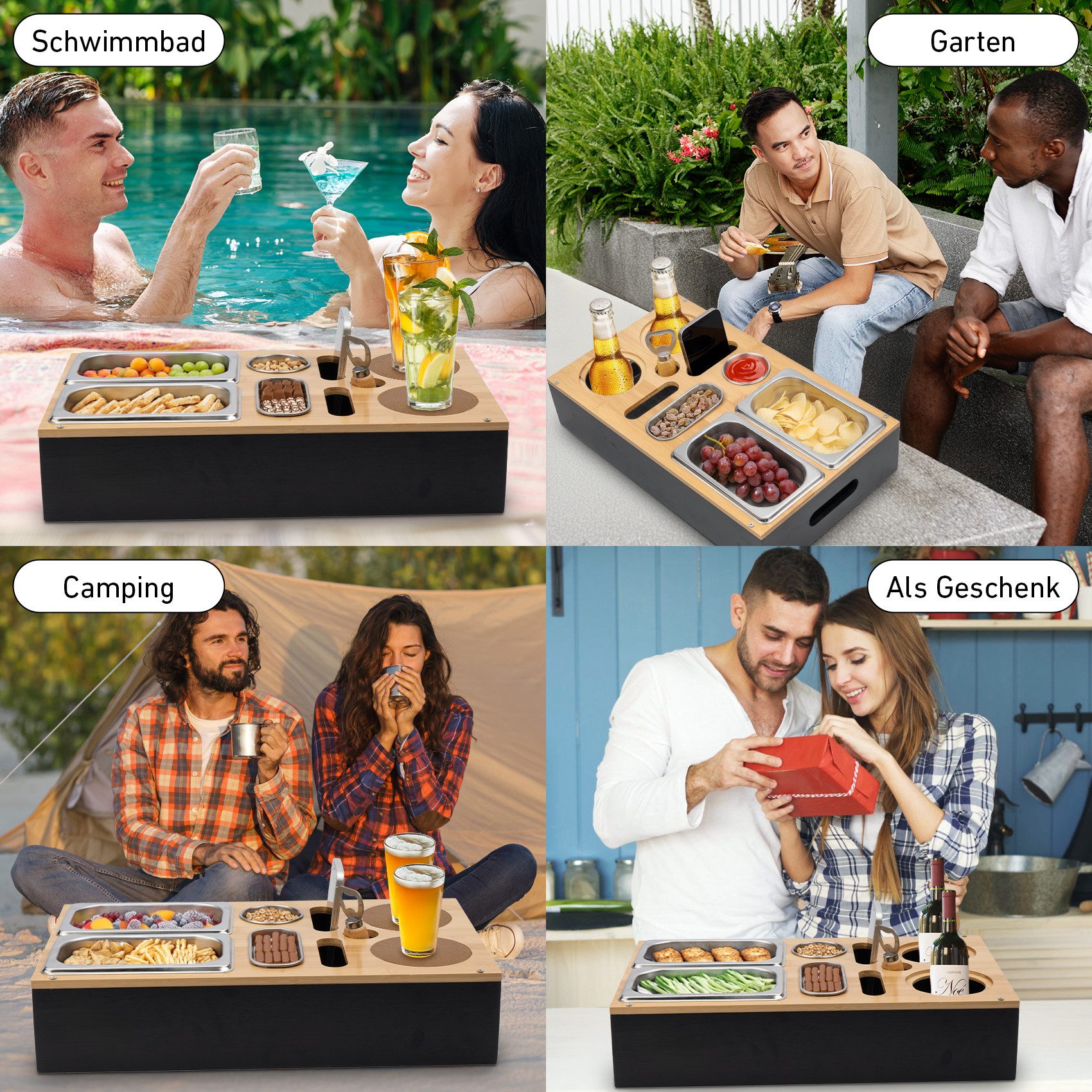 ElitVita Tabletttisch Couchbar Snackbox aus Bambus mit Edelstahlschalen, Sofatablett (1-St), mit Flaschenhalter & Korkenzieher,Snack Tablett für Couchbar,Kinoabend