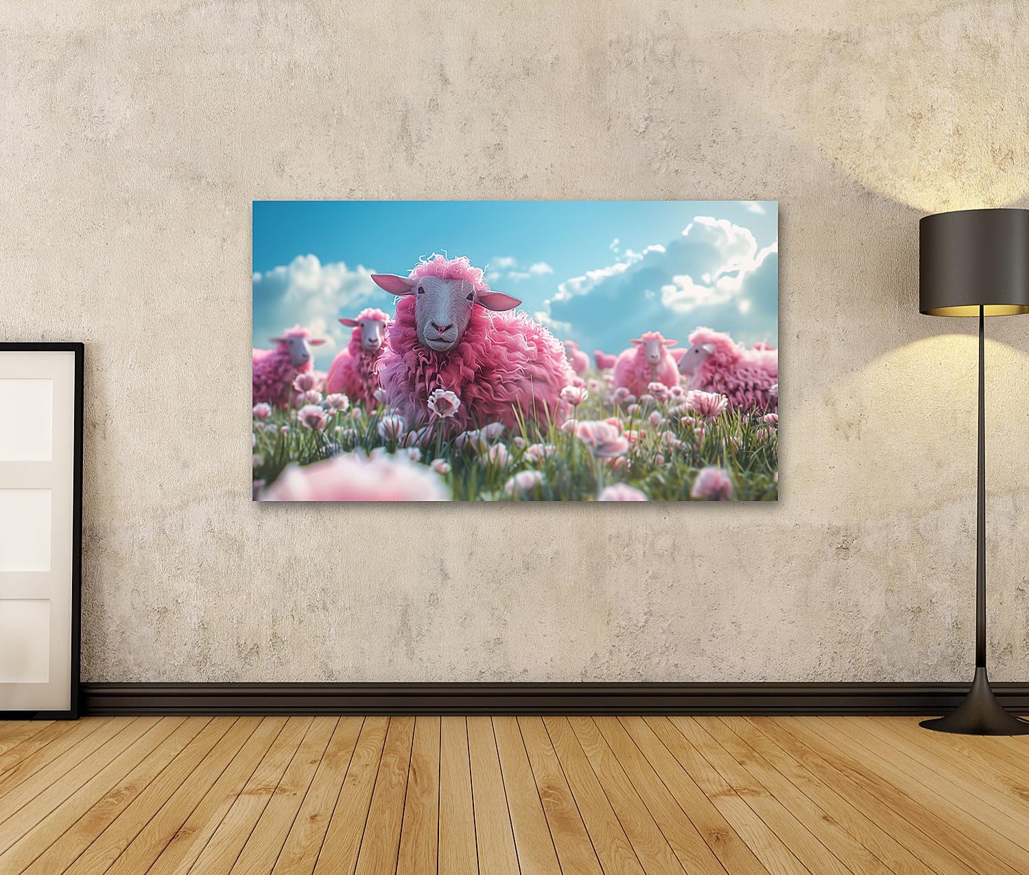 islandburner Leinwandbild Rosa Schafe im blühenden Frühlingsfeld für Schlafzimmer Kinder