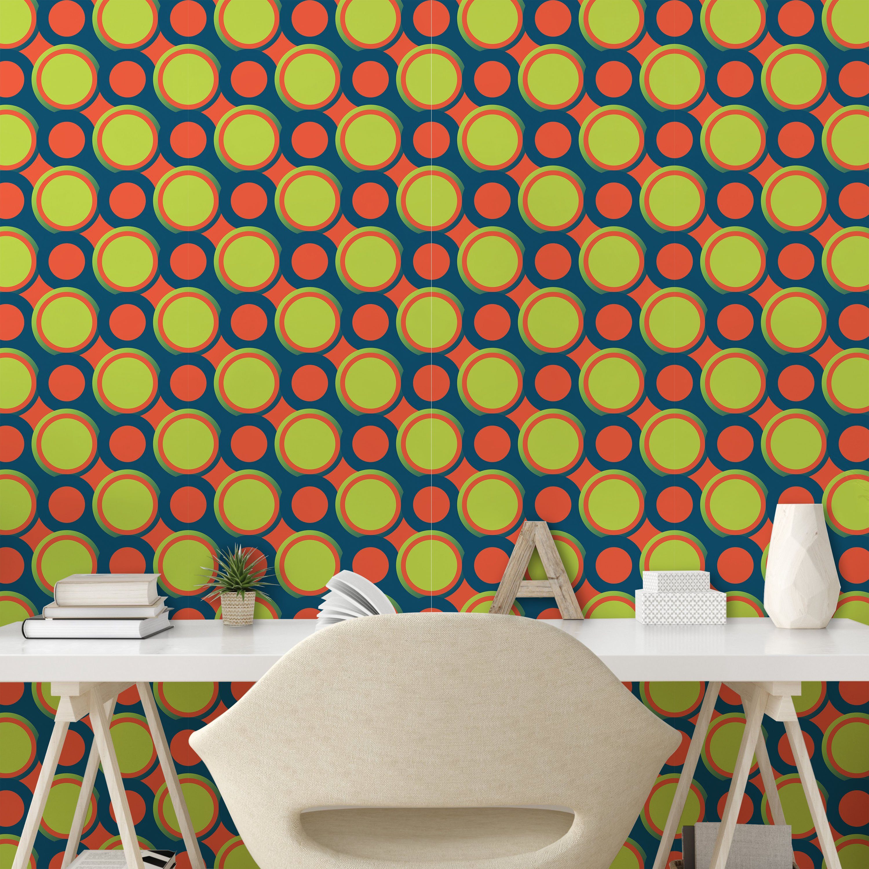 selbstklebendes Abakuhaus Retro Kreise Orange Vinyltapete und grüne Wohnzimmer Küchenakzent,