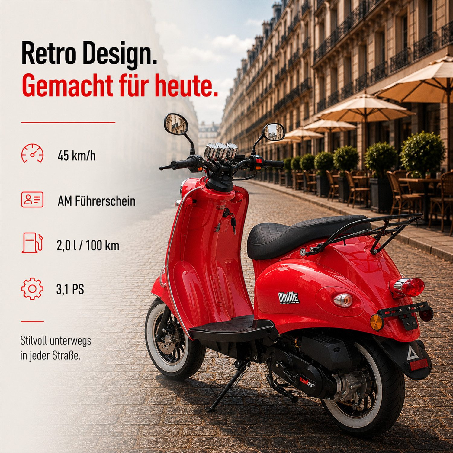 Burnout Motorroller MiniMe 2.0 Rot, 50 ccm, 45 km/h, Euro 5, Unverwechselbares Retro-Design
