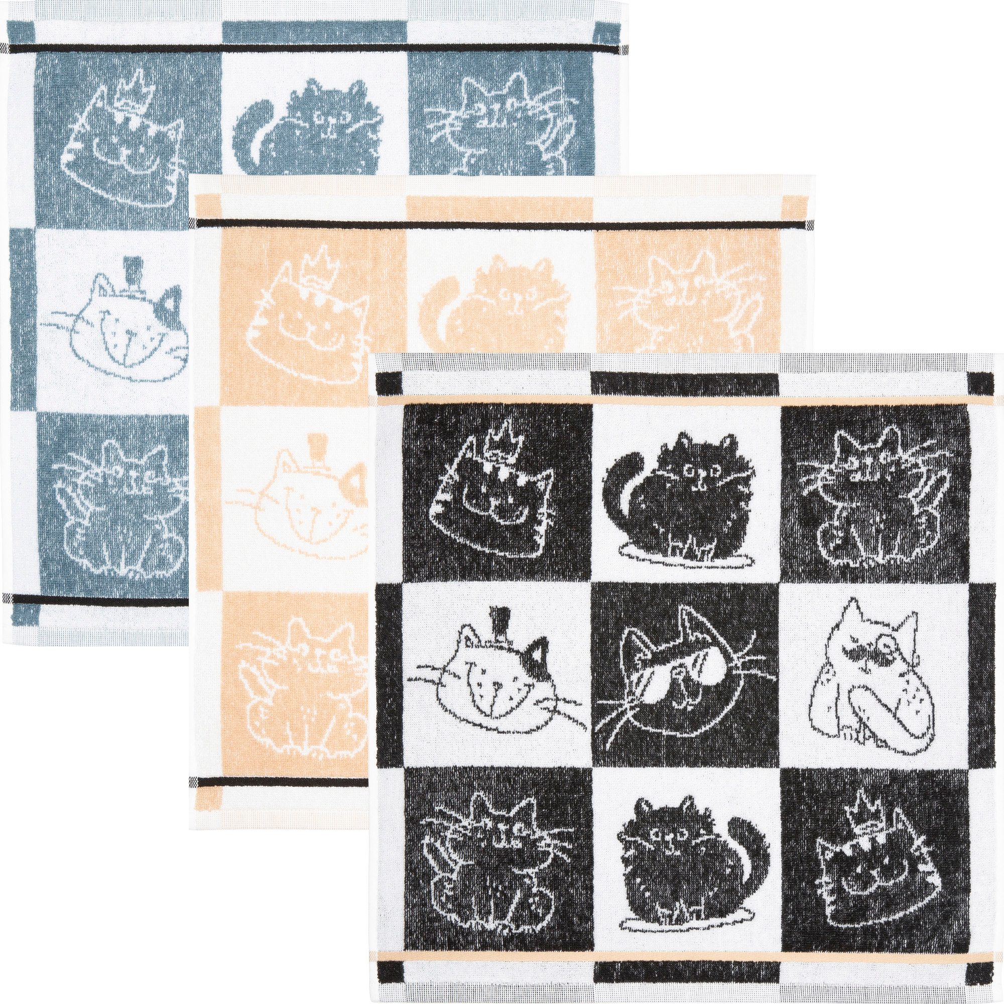 Kracht Geschirrtuch Frottier-Geschirrtuch "Cool Cat" 3er-Pack, Baumwolle Karo/Motiv