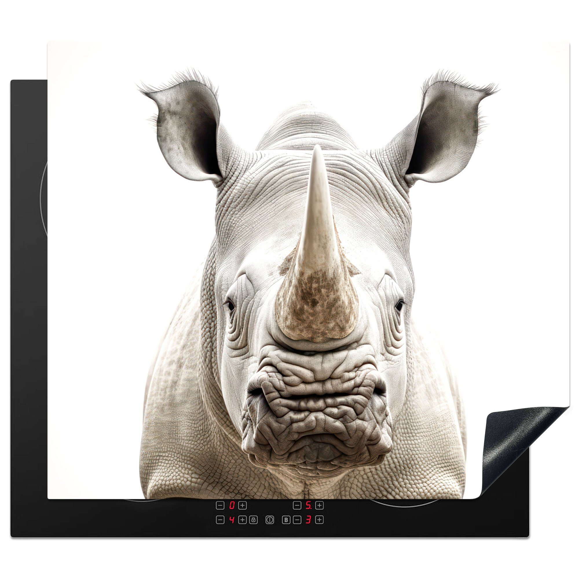 60x52 cm, - Rhinozeros Ceranfeldabdeckung Vinyl, nutzbar, MuchoWow Mobile tlg), Weiß Tiere Porträt, (1 - - Arbeitsfläche Herdblende-/Abdeckplatte