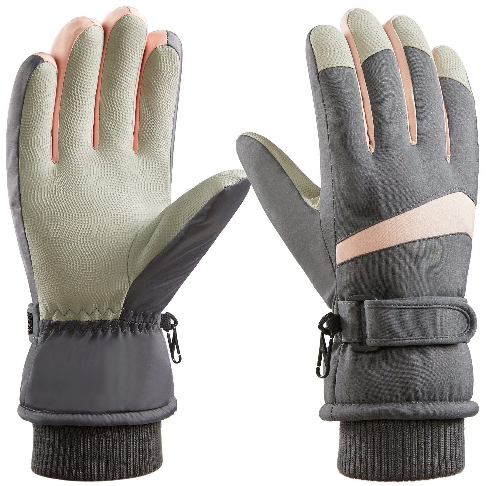 BTTO Handschlaufe Handschuhe Damen Herren Winter,Skihandschuhe,Wasserdichte Handschuhe, Winterhandschuhe,Touchscreen,Thermo,für Skifahren Laufen Radfahren Grau rosa-Damen