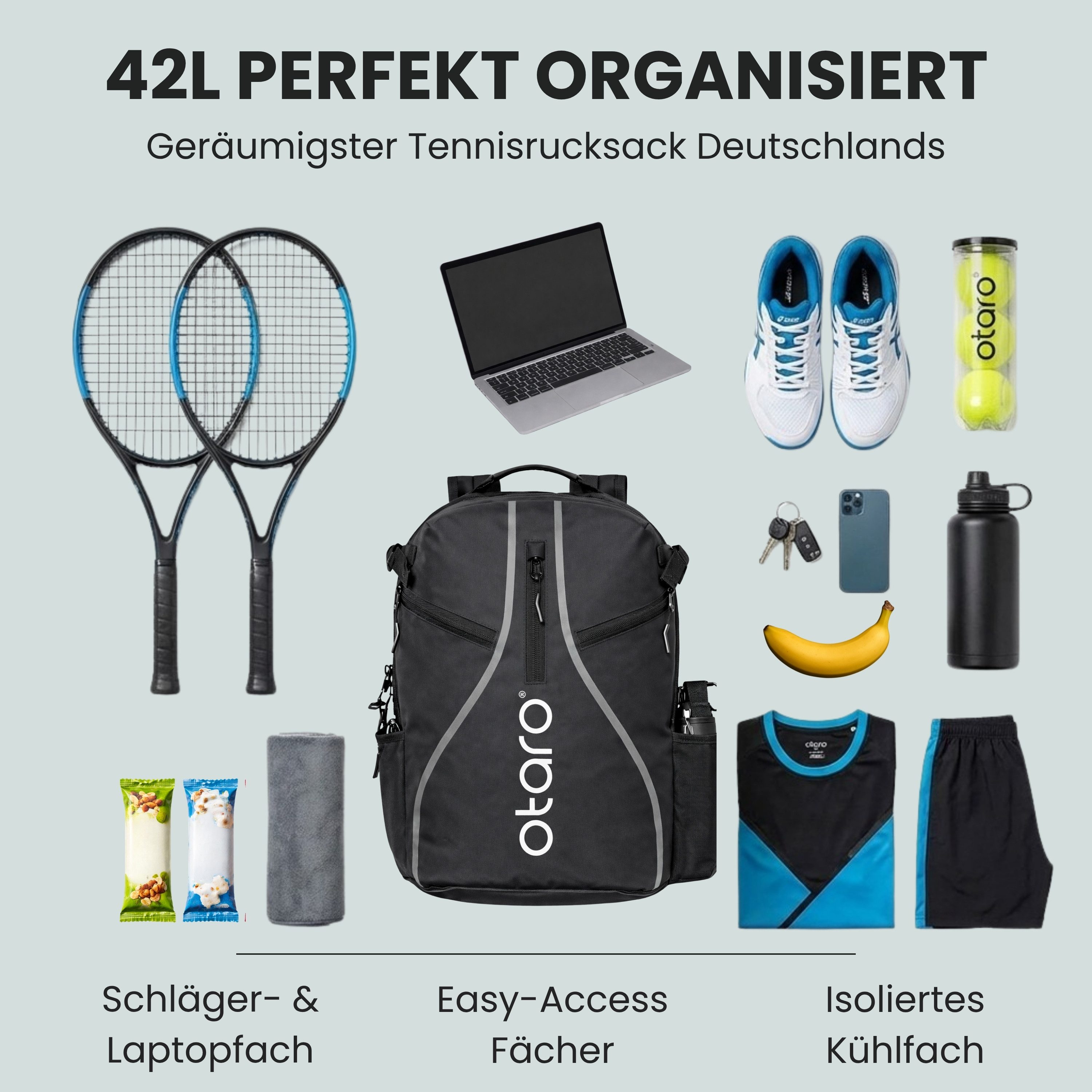 Otaro Tennisrucksack mit Schuhfach, Tennistasche für 2 Schläger, Schlägertasche, 42L (Perfekt durchdacht für die gesamte Ausrüstung, mit Thermo-Schlägerfach, Laptopfach & isoliertem Getränkefach), wasserabweisende Tennis Tasche für Herren & Damen