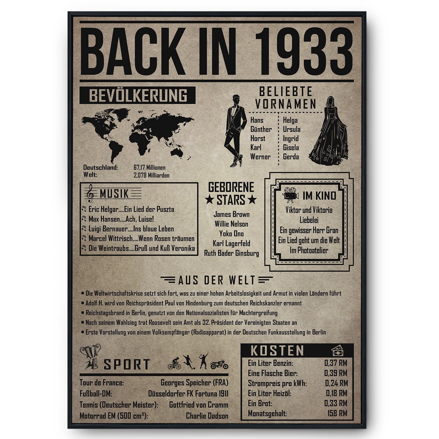 Tigerlino Poster Geschenk Männer Frauen, Geburtstag Rückblick Zeitreise Geschenkidee, 93. Geburtstag Jahrgang 1933, Bild