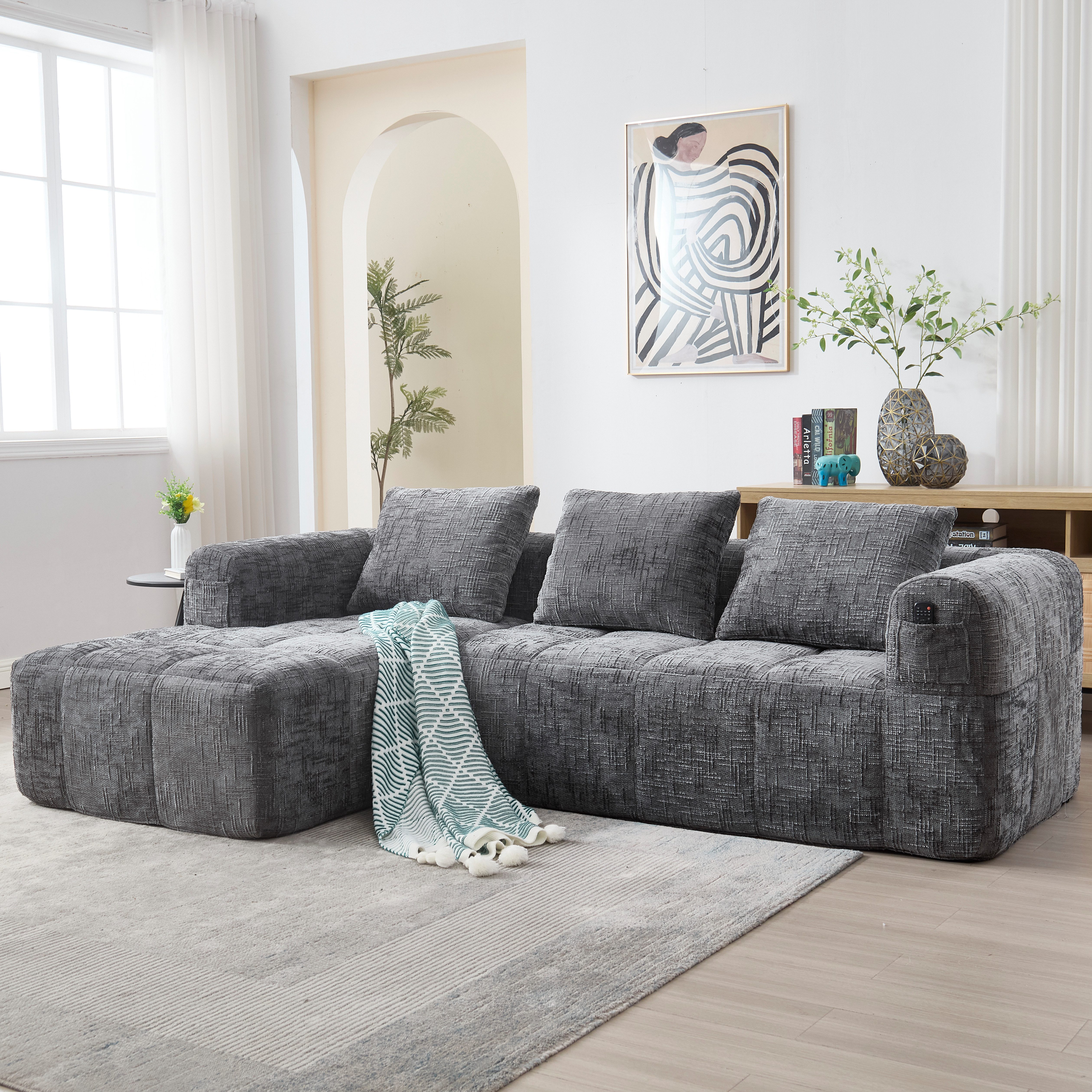 muvano Ecksofa Sektionssofa L-Sofa Chenille-Sofa mit Chaiselongue modulares Sofa, 3-Sitzer 250cm