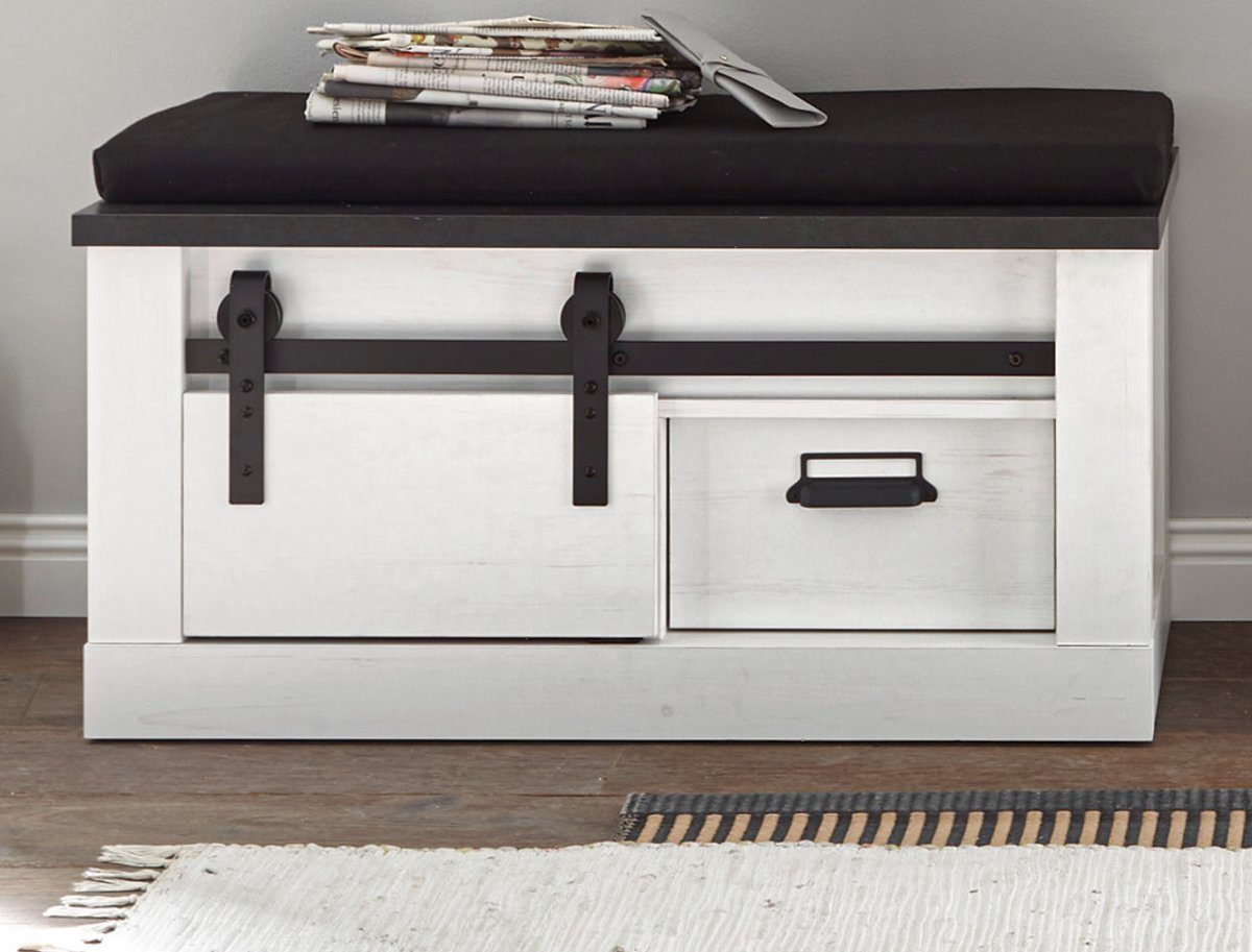 Furn.Design Schuhbank Stove (Garderobenbank in Pinie Weiß Landhaus, 93 x 46 cm), mit Schiebetür und Soft-Close-Funktion