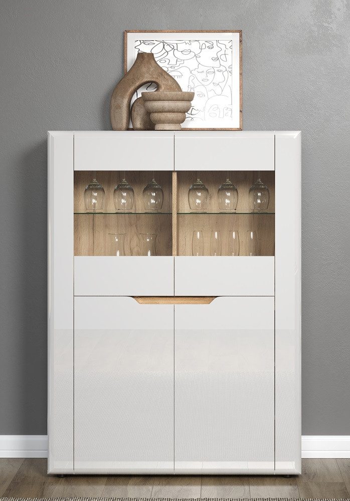 MCA furniture Vitrine Highboard Marlon, weiß Hochglanz / Evoke Eiche ohne Beleuchtung