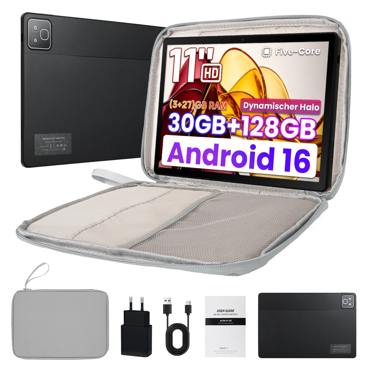 Happybe 11 Zoll 30(3+27)GB RAM, 128GB, Android 16, 7800mAh, WiFi 6 Tablet (10.1", 128 GB, Android 16)