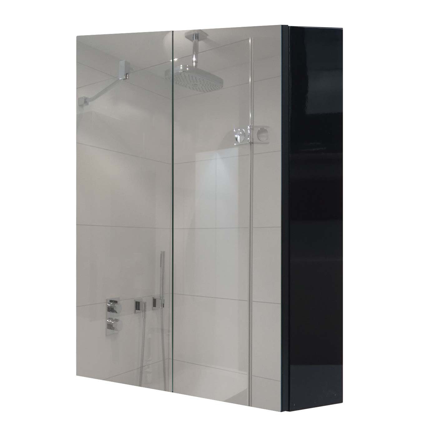 | Badezimmerspiegelschrank Ablageflächen, schwarz Hochglanz-Optik mit MCW-B19b-60 schwarz MCW