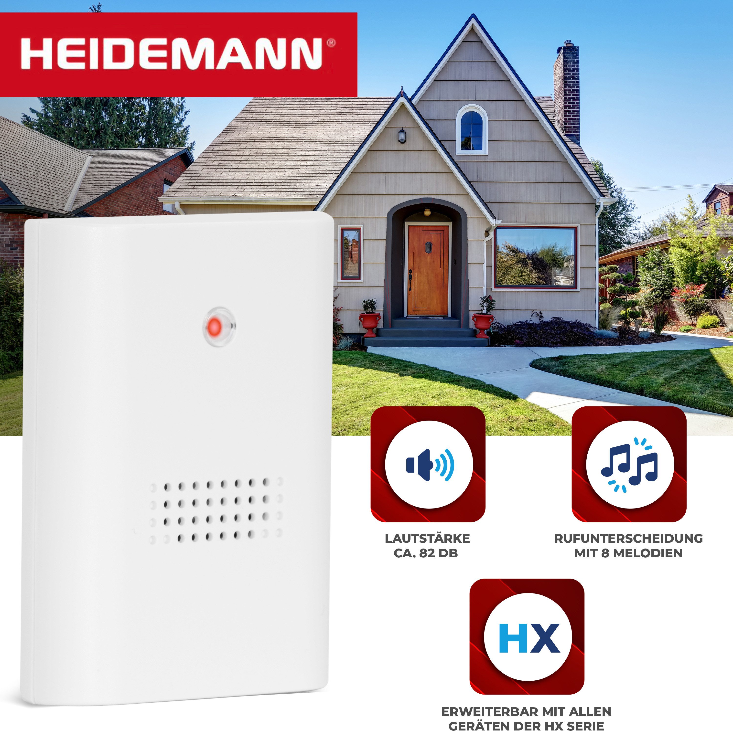 Heidemann Steckdosen-Türgong Heidemann Funkgong-Set HX One, weiß (Standard 2-tlg) LED-Signal, mobiler Empfänger, HX-kompatibel