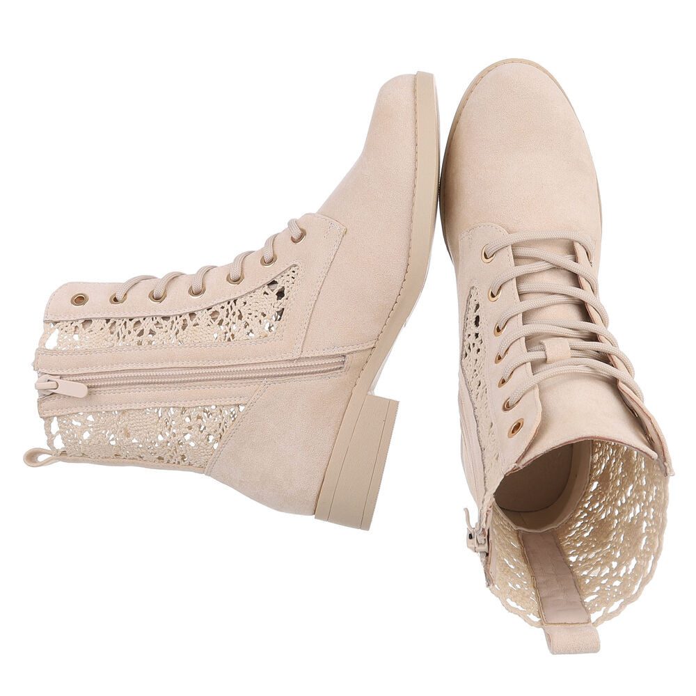Ital-Design Damen Schnürstiefelette mit Häkel-Details für Alltag und Freizeit Sommerboots (91154512) Blockabsatz Schnürstiefeletten in Beige