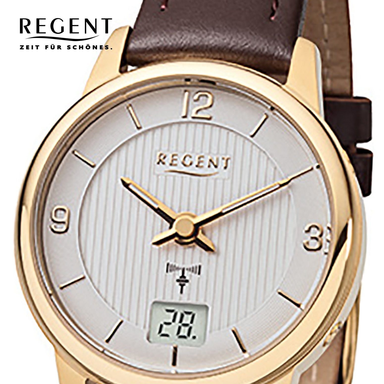 Regent Funkuhr Regent Damen-Armbanduhr braun Analog, Damen Funkuhr rund,  klein (ca. 29mm), Lederarmband