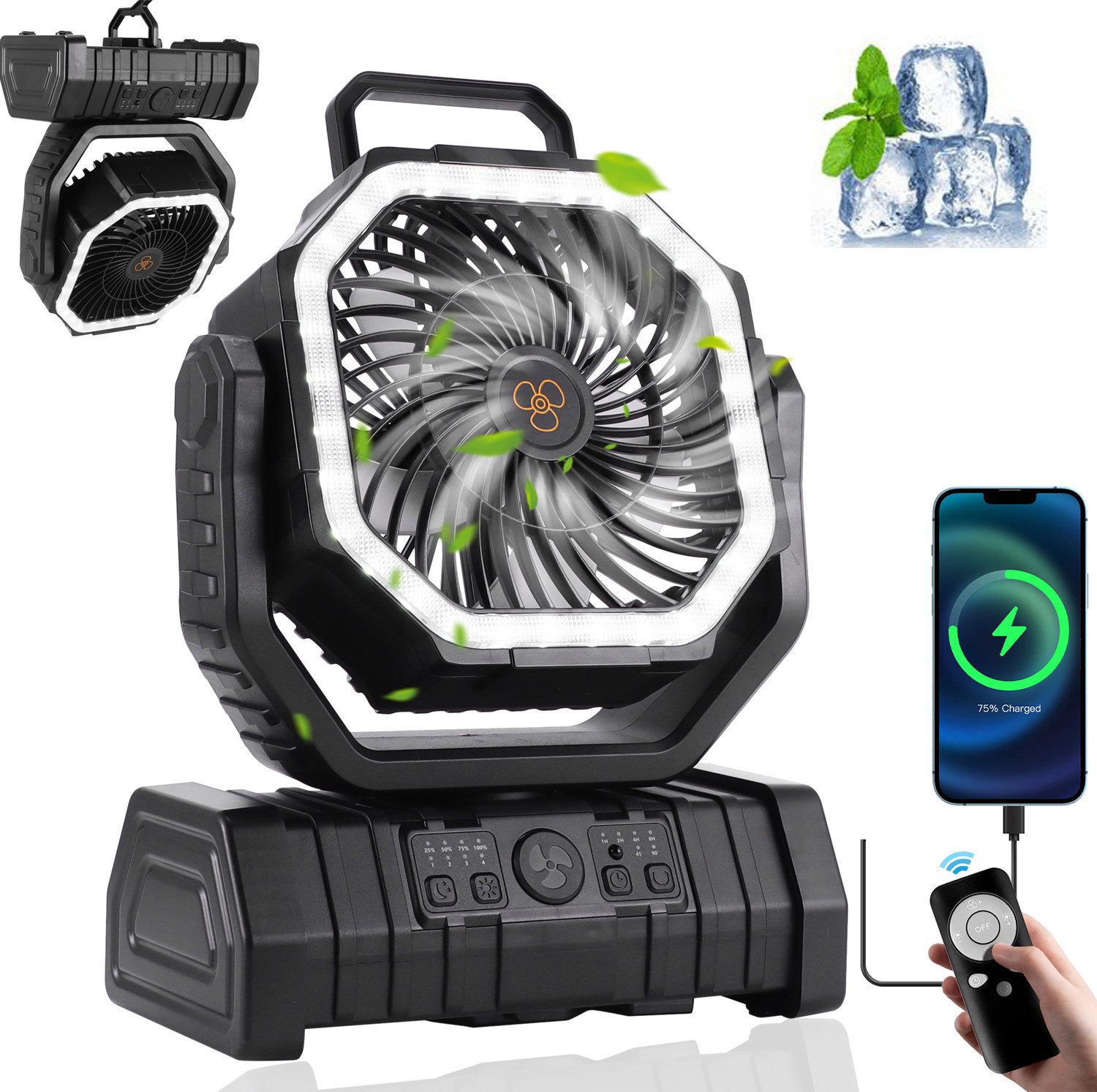 Akku-Standventilator Camping Ventilator 20000mAh,USB Ventilator Akku Tischventilator Licht