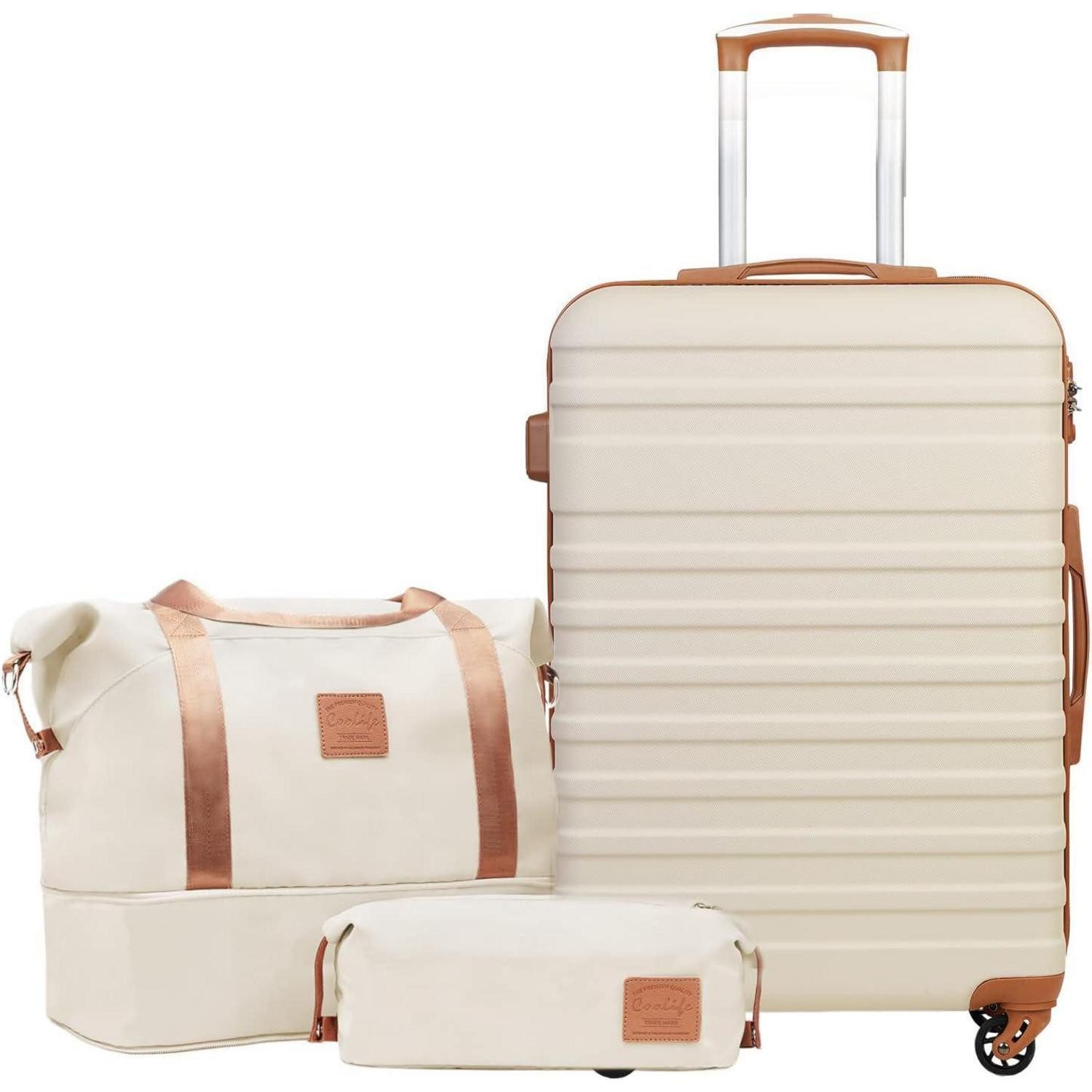 LuxusKollektion Kofferset Hartschalen Koffer Set 3tlg ABS Trolley Weiß/Braun 4 Rollen