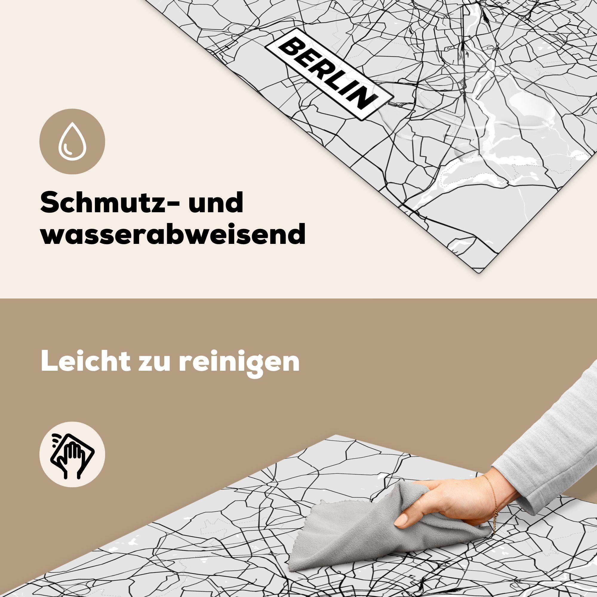 Deutschland Vinyl, für MuchoWow Ceranfeldabdeckung, Berlin - küche Herdblende-/Abdeckplatte Karte - tlg), Arbeitsplatte (1 cm, - Stadtplan, 78x78