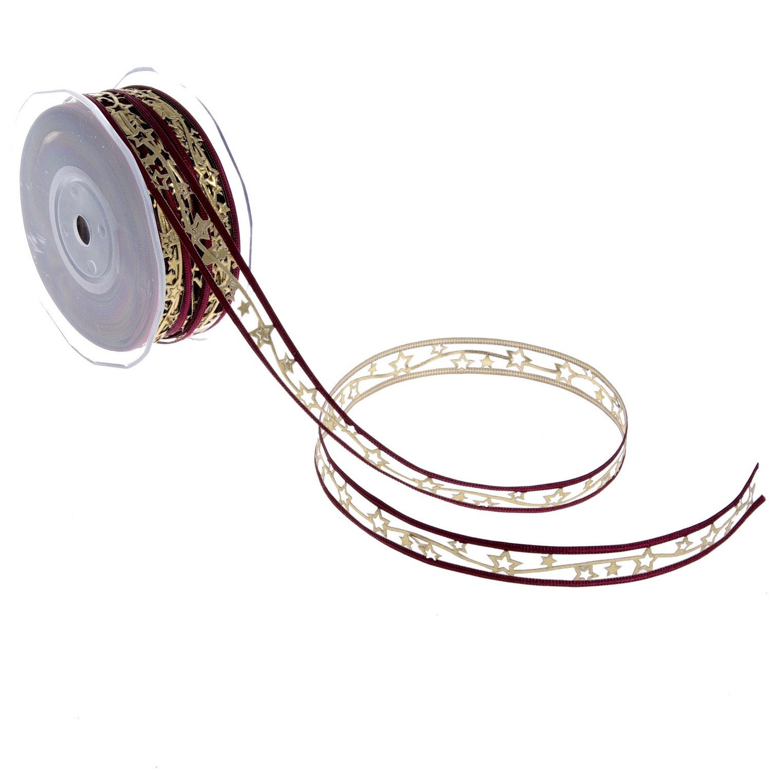 Thumbnail - Deko AS Dekoband Weihnachtsband mit Sternchen - bordeaux/gold - 15 mm Breite - 20 m Lä