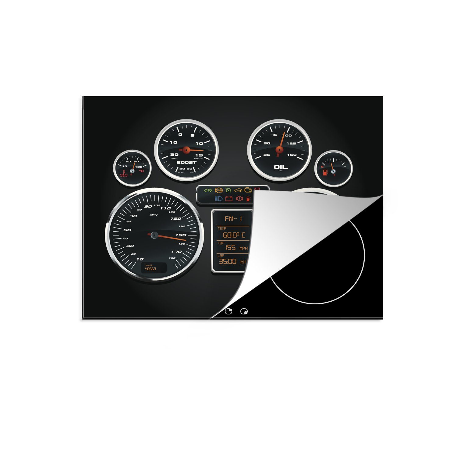 MuchoWow Herdblende-/Abdeckplatte Illustration des Tachometers im Armaturenbrett eines Sportwagens, Vinyl, (1 tlg), 70x52 cm, Mobile Arbeitsfläche nutzbar, Ceranfeldabdeckung
